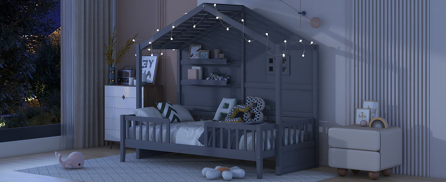 Twin Size House Bed with Shelves, House Bed with Window and  Sparkling Light Strip on the Roof, Gray