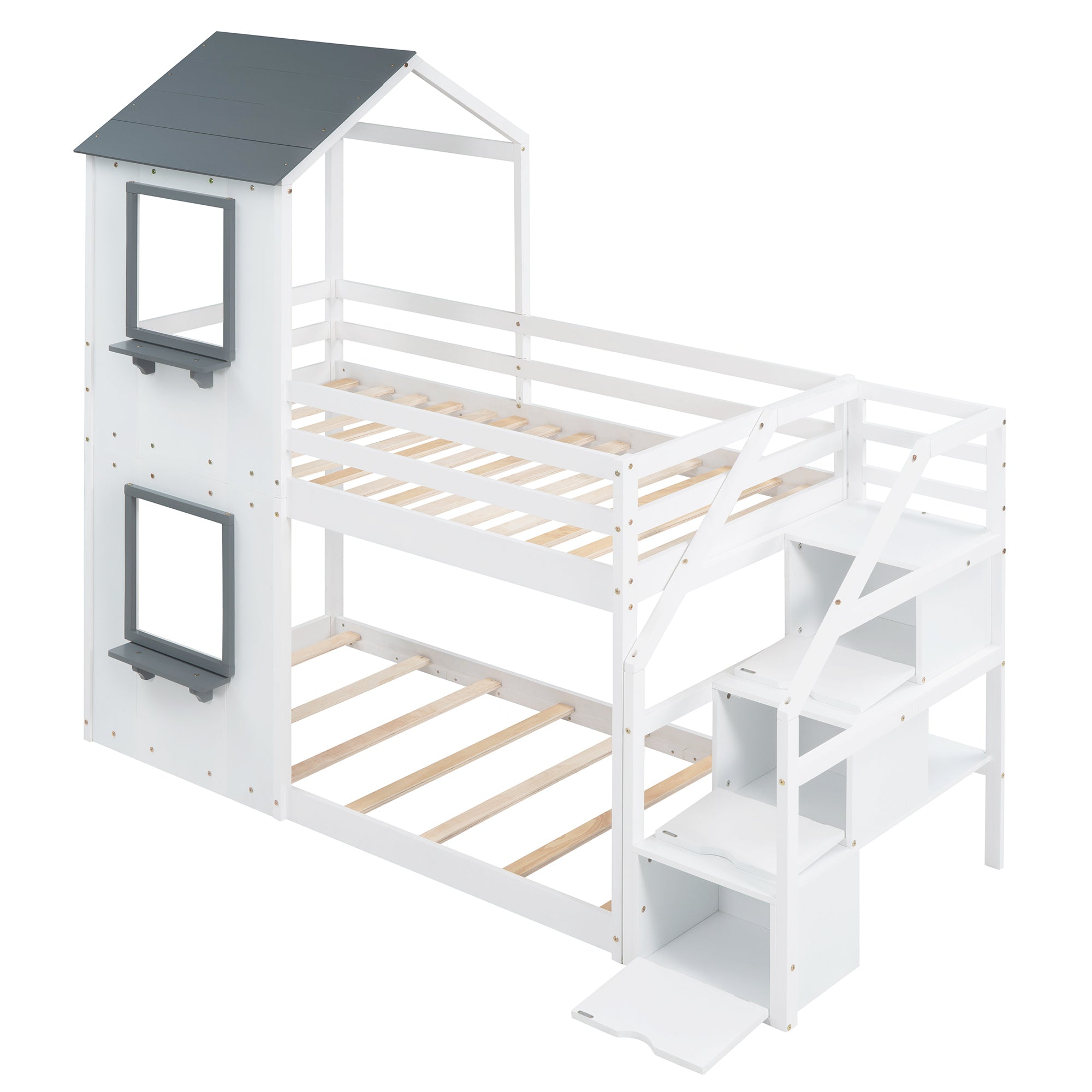 Twin Over Twin Bunk Bed with Storage Stairs,Wood Bed with Roof, Window, Guardrail, Ladder, White