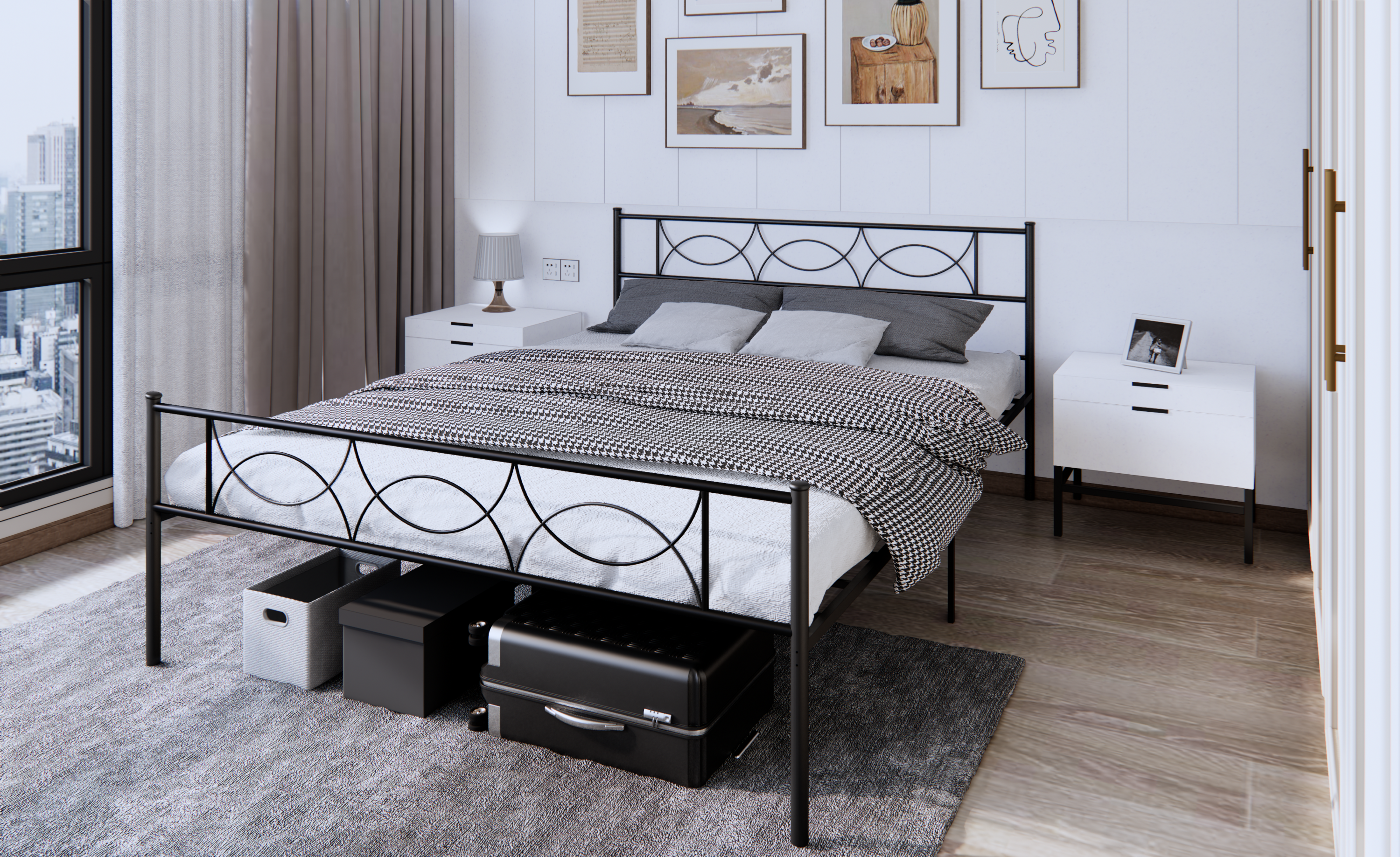 Full Size Bed Frame with Headboard No Box Spring Needed, Black