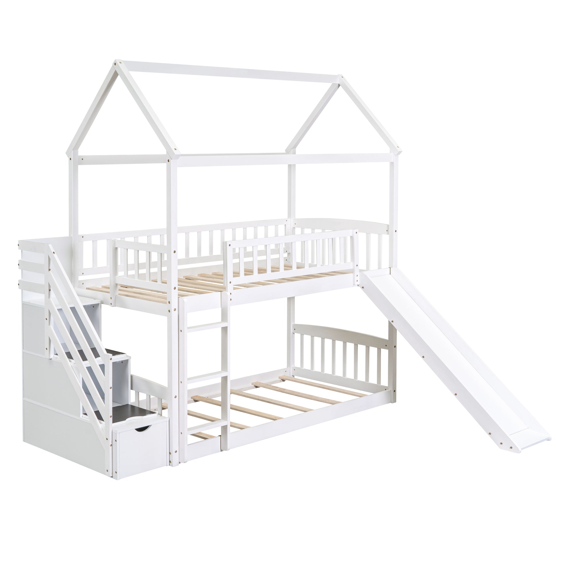 Twin Over Twin Bunk Bed with Drawers and Slide, House Bed with Slide,White(OLD SKU :LT000215AAK)