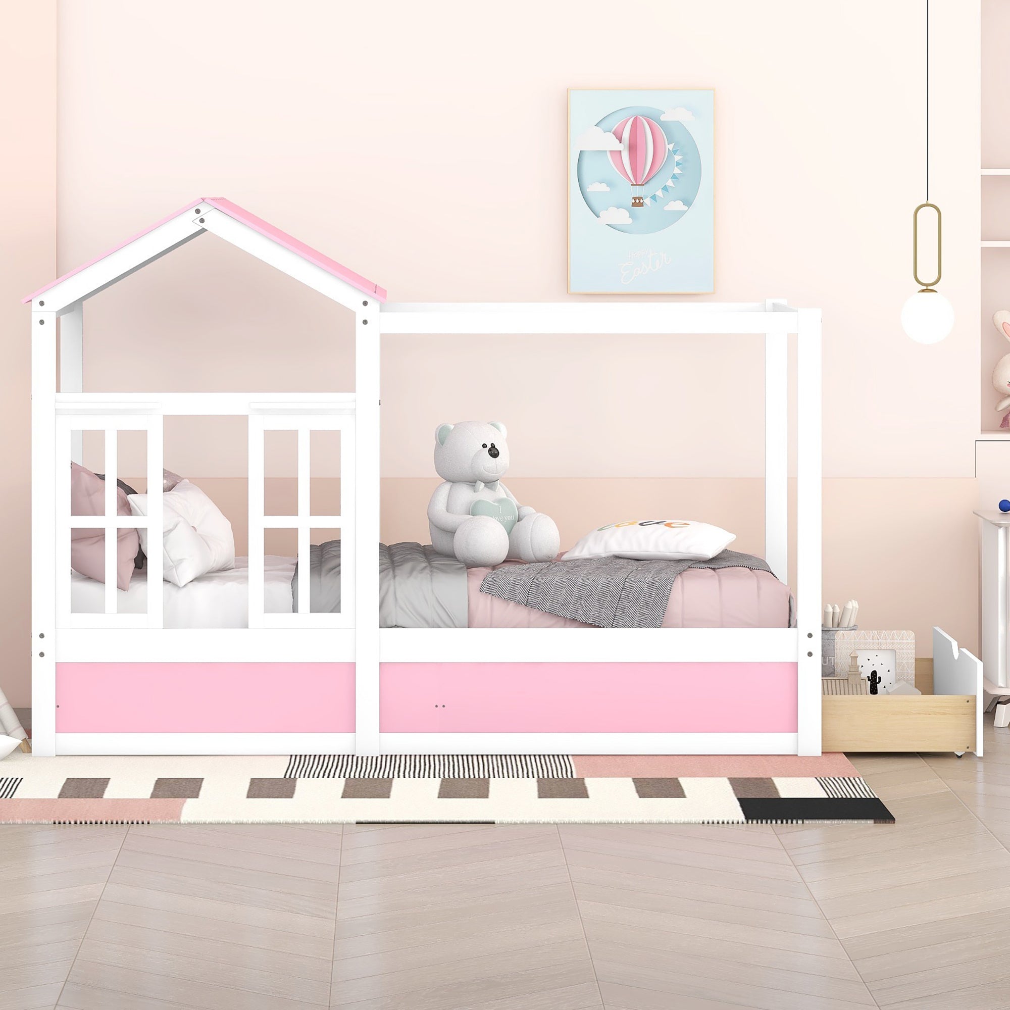 Twin Size House Bed with Roof, Window and Drawer - Pink + White