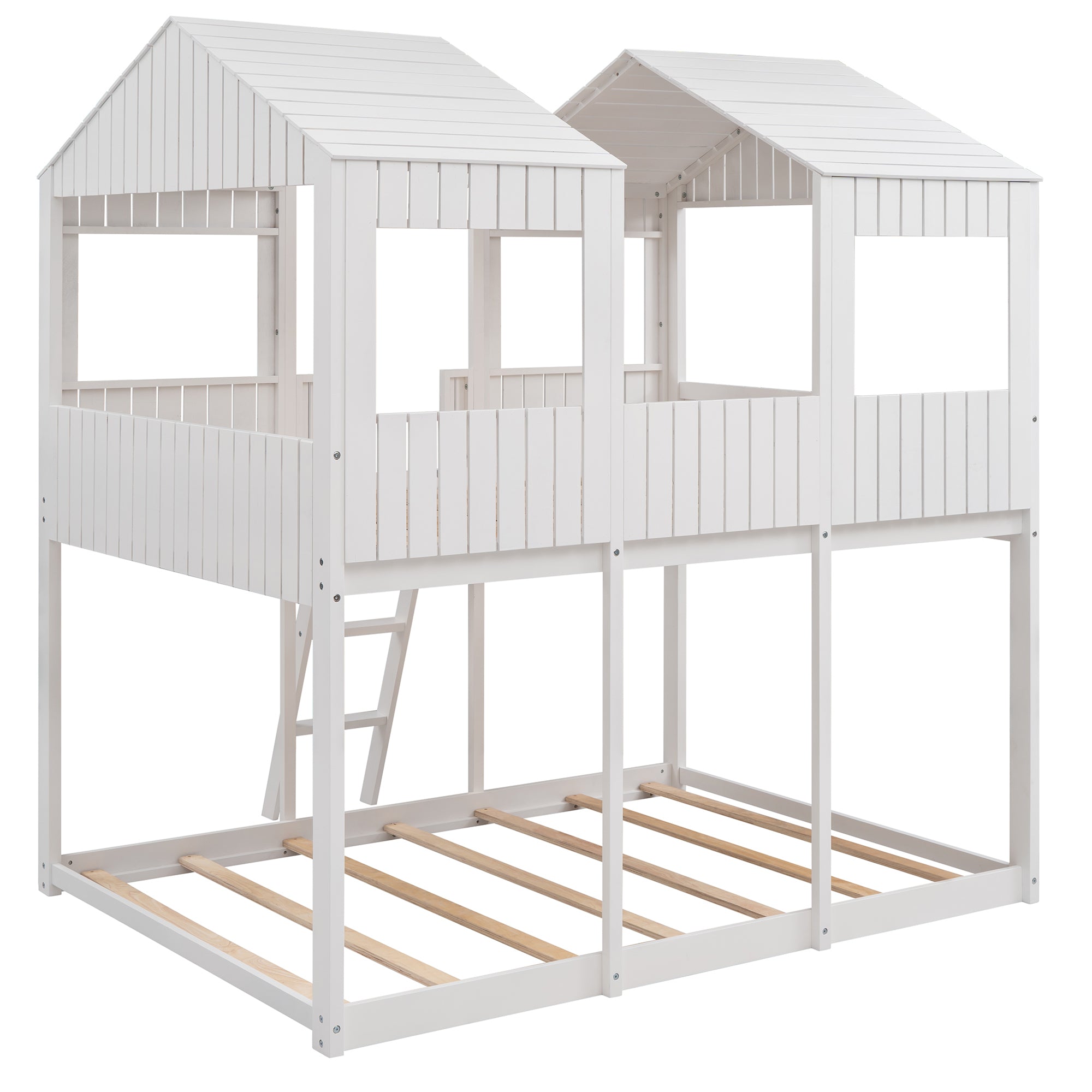Full Over Full WoodBunk Bed with Roof, Window, Guardrail, Ladder(White)( old sku: LT000031AAK )