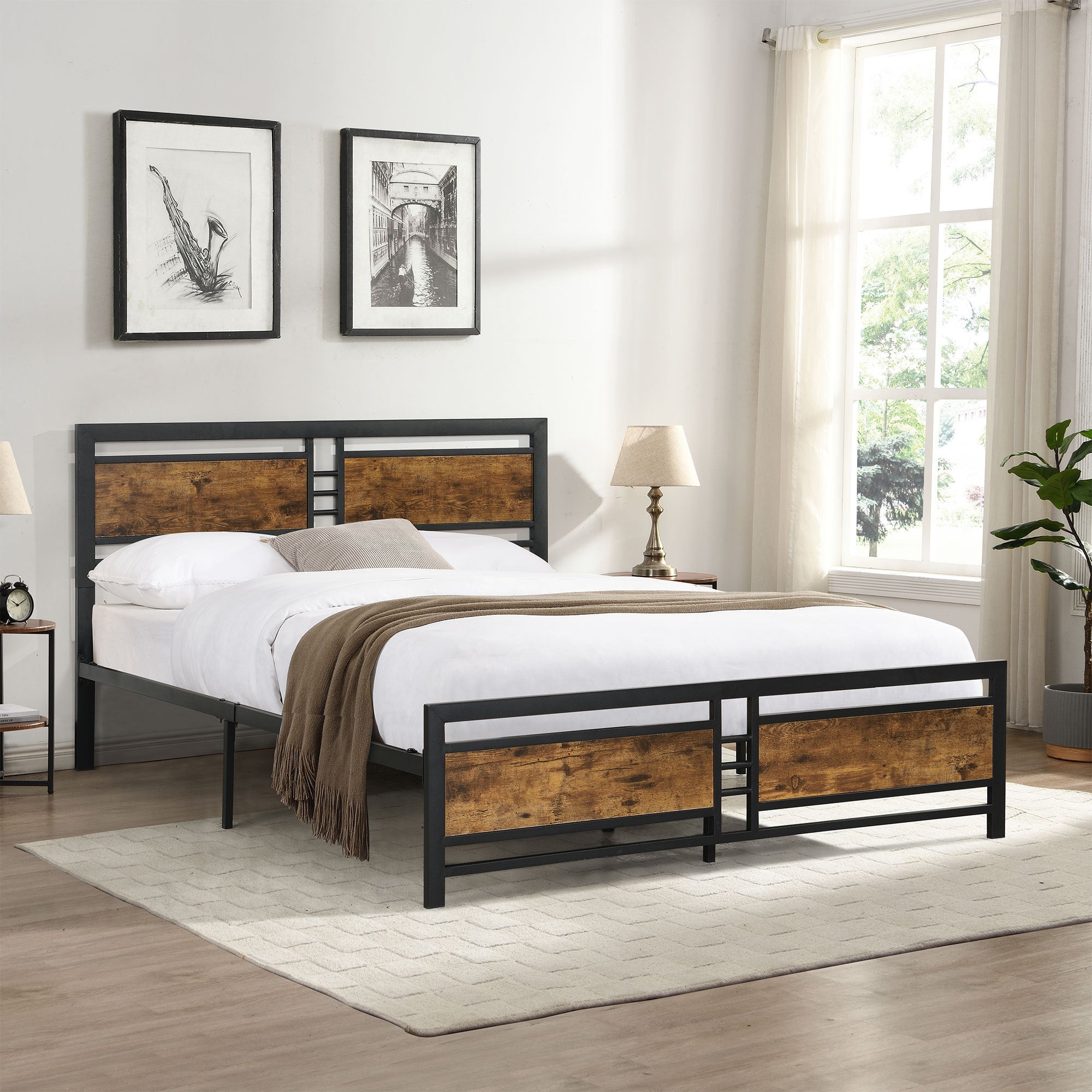 Full Size Metal Platform Bed Frame with Wood Headboard and Footboard, Heavy Duty Mattress Foundation with Slat Support, Easy Assembly, Noise-Free, No Box Spring Needed
