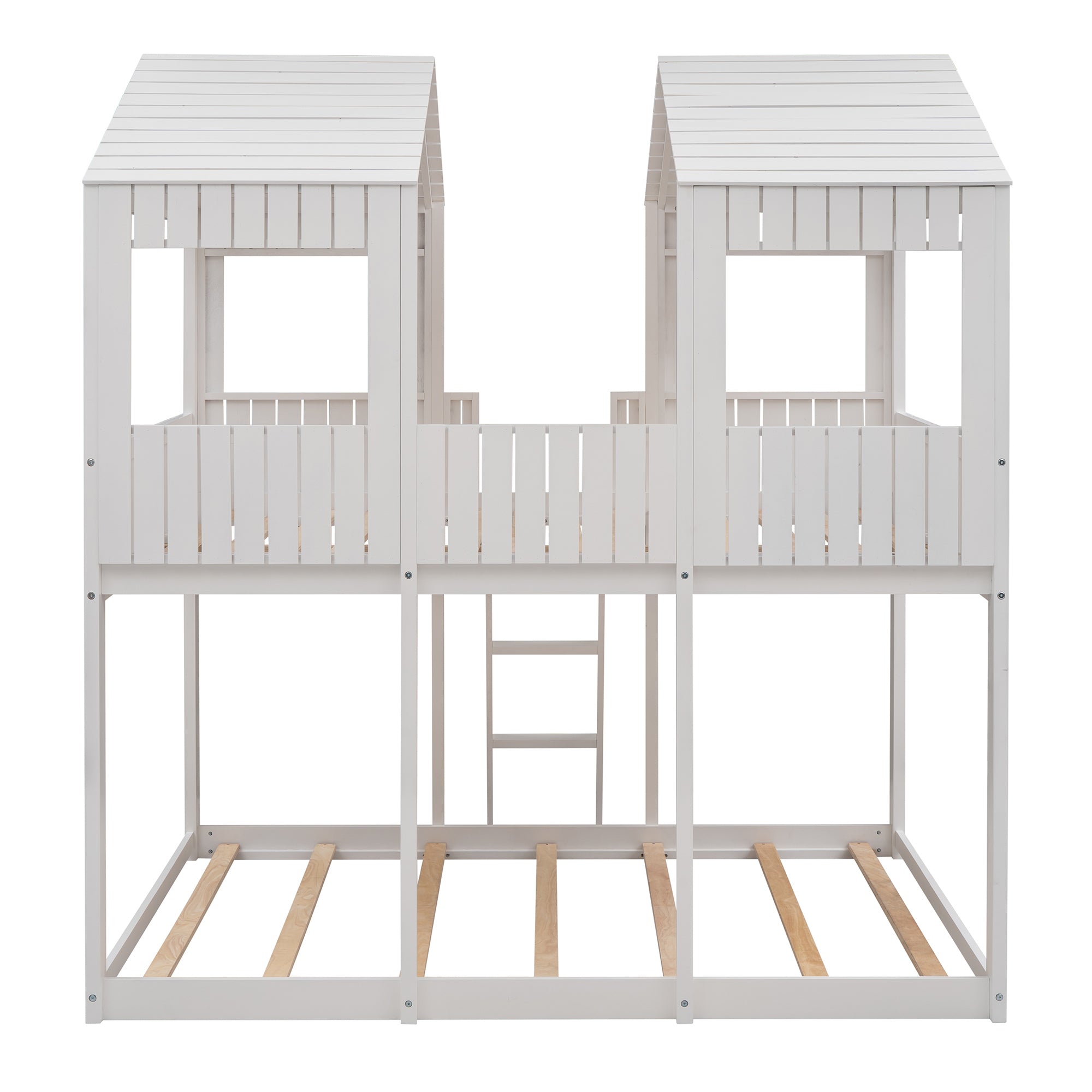 Full Over Full WoodBunk Bed with Roof, Window, Guardrail, Ladder(White)( old sku: LT000031AAK )