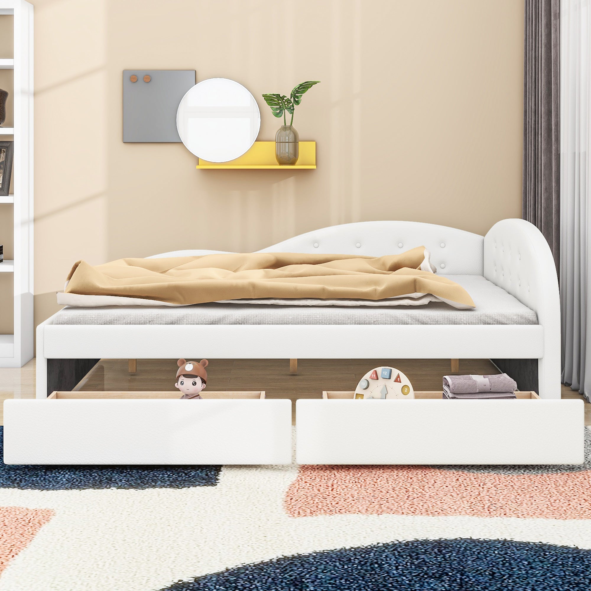 Full Size PU Upholstered Tufted Daybed with Two Drawers and Cloud Shaped Guardrail, White