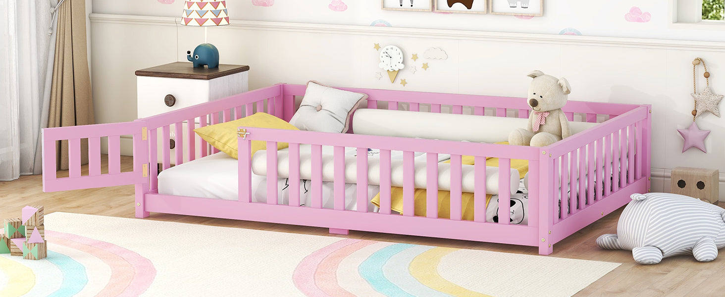 Full Size Bed Floor Bed with Safety Guardrails and Door for Kids, Pink (Expect Arrival Date Nov.2nd)