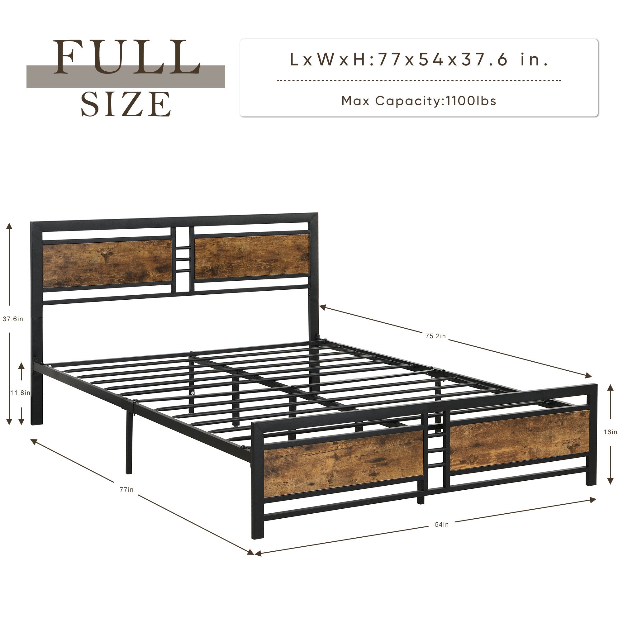 Full Size Metal Platform Bed Frame with Wood Headboard and Footboard, Heavy Duty Mattress Foundation with Slat Support, Easy Assembly, Noise-Free, No Box Spring Needed