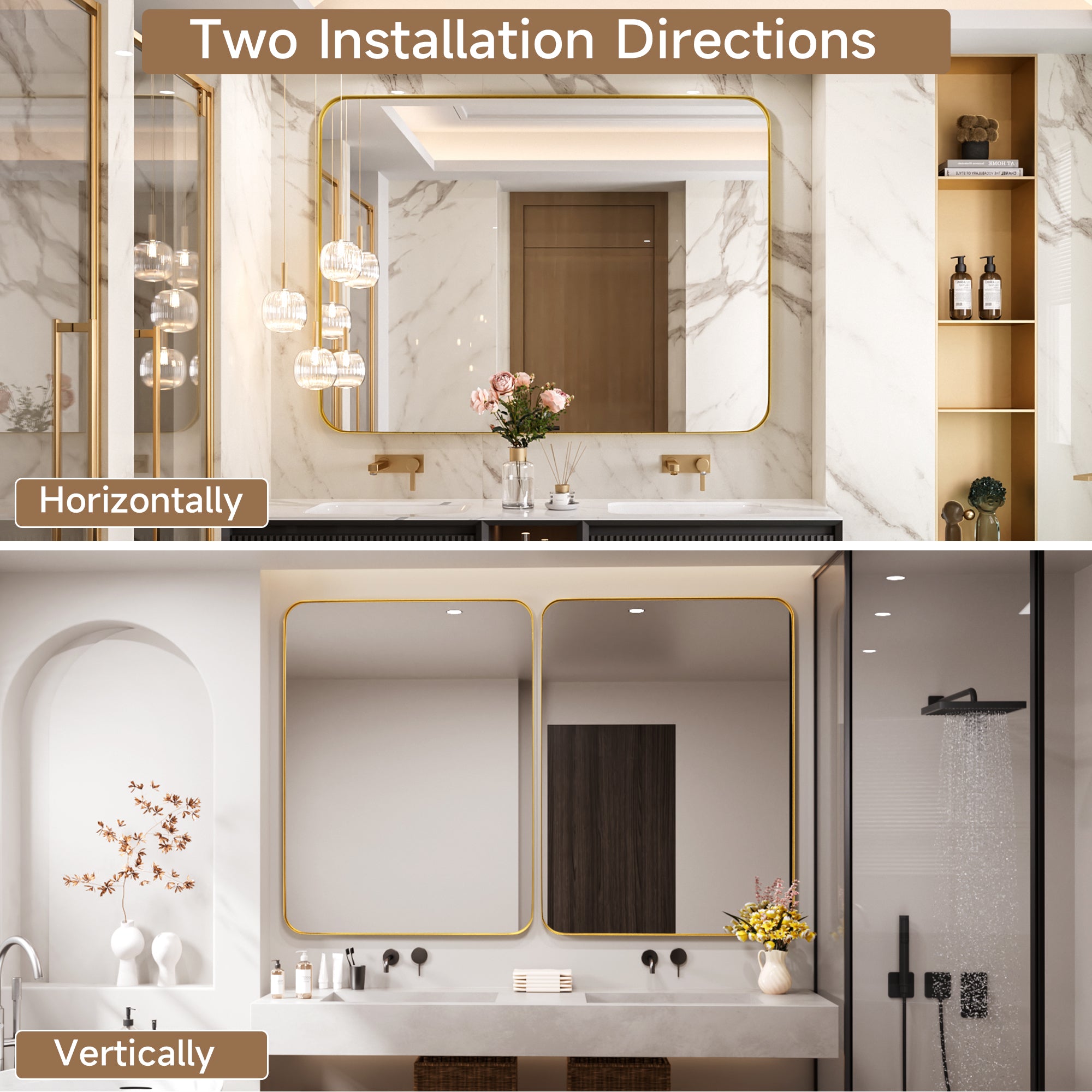 24 in. W x 36 in. H Tempered Glass Rectangular Framed Wall-Mounted Bathroom Vanity Mirror in Gold