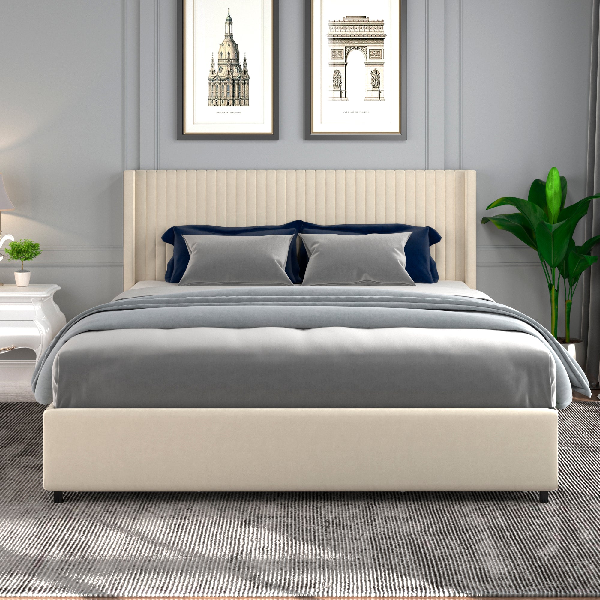 Anna Queen Size Ivory Velvet Upholstered Wingback Platform Bed with Patented 4 Drawers Storage, Modern Design Headboard with Tight Channel, Wooden Slat Mattress Support No Box Spring Needed