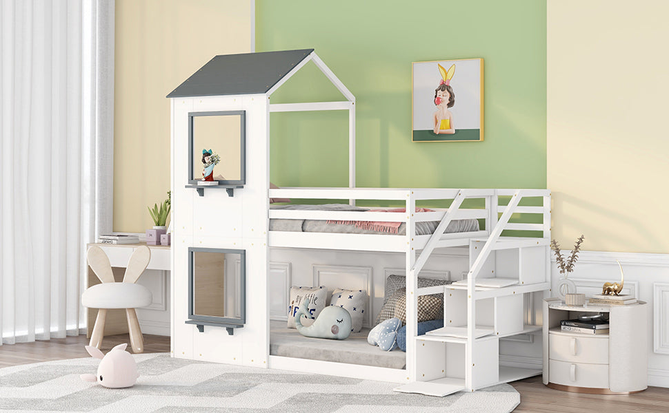 Twin Over Twin Bunk Bed with Storage Stairs,Wood Bed with Roof, Window, Guardrail, Ladder, White