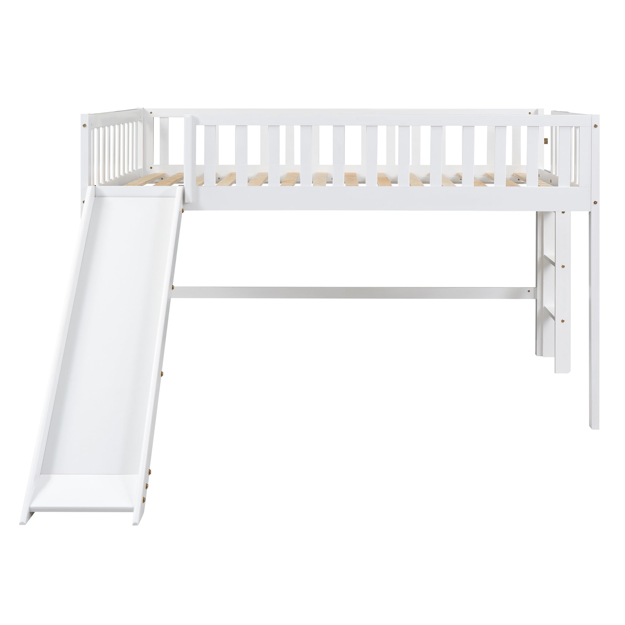 Full Size Low Loft Bed with Ladder and Slide,White
