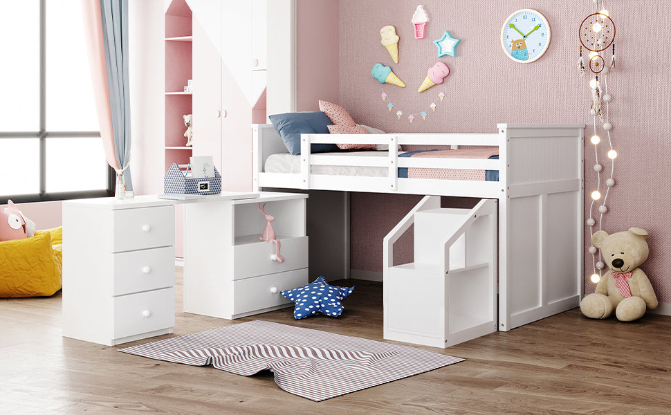 Loft Bed Low Study Twin Size Loft Bed With Storage Steps and Portable,Desk,White(OLD SKU: LT000101AAK)