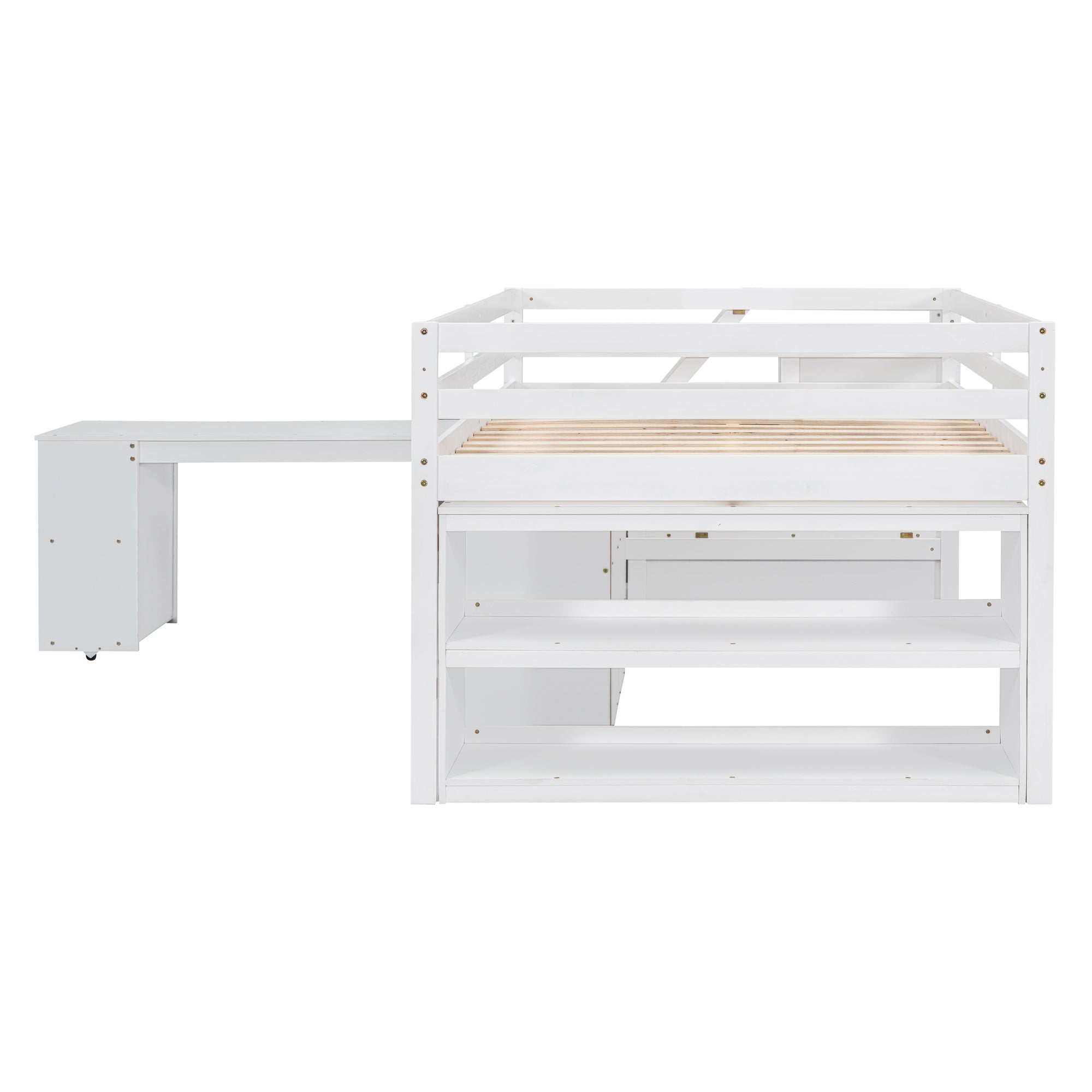 Full Size Loft Bed with Retractable Writing Desk and 3 Drawers, Wooden Loft Bed with Storage Stairs and Shelves, White