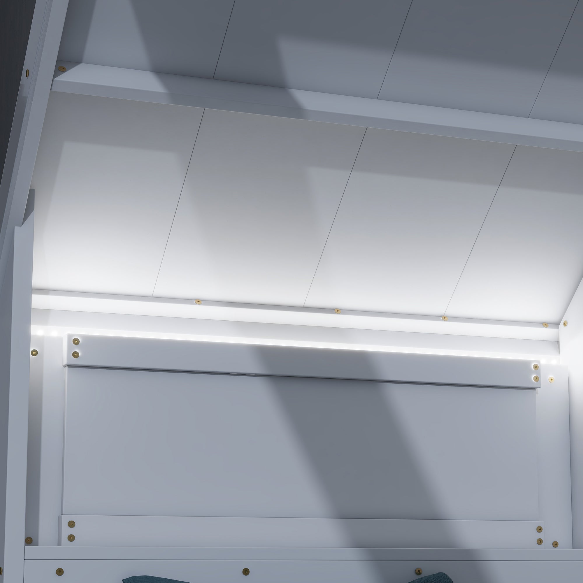 Twin House Floor Bed with Roof Window, LED Light,White