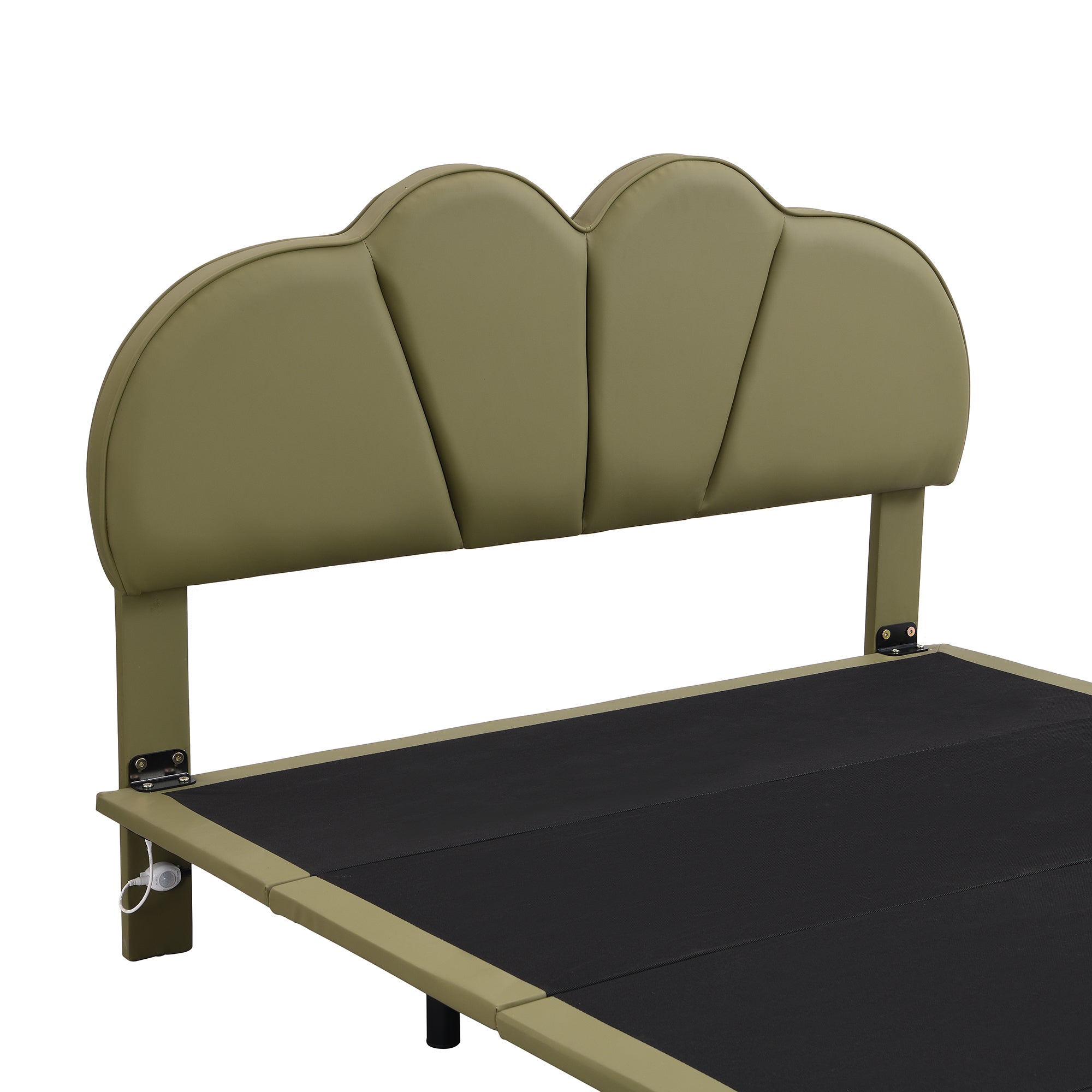 Full Size Upholstery Platform Bed with PU Leather Headboard and Support Legs,Underbed LED Light,Green