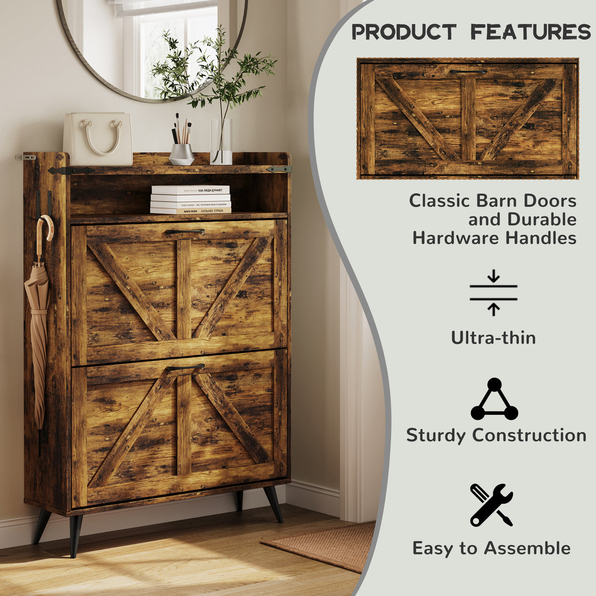 Farmhouse Shoe Rack, Freestanding Shoe Cabinet with 2 Flip Drawers for Entryway