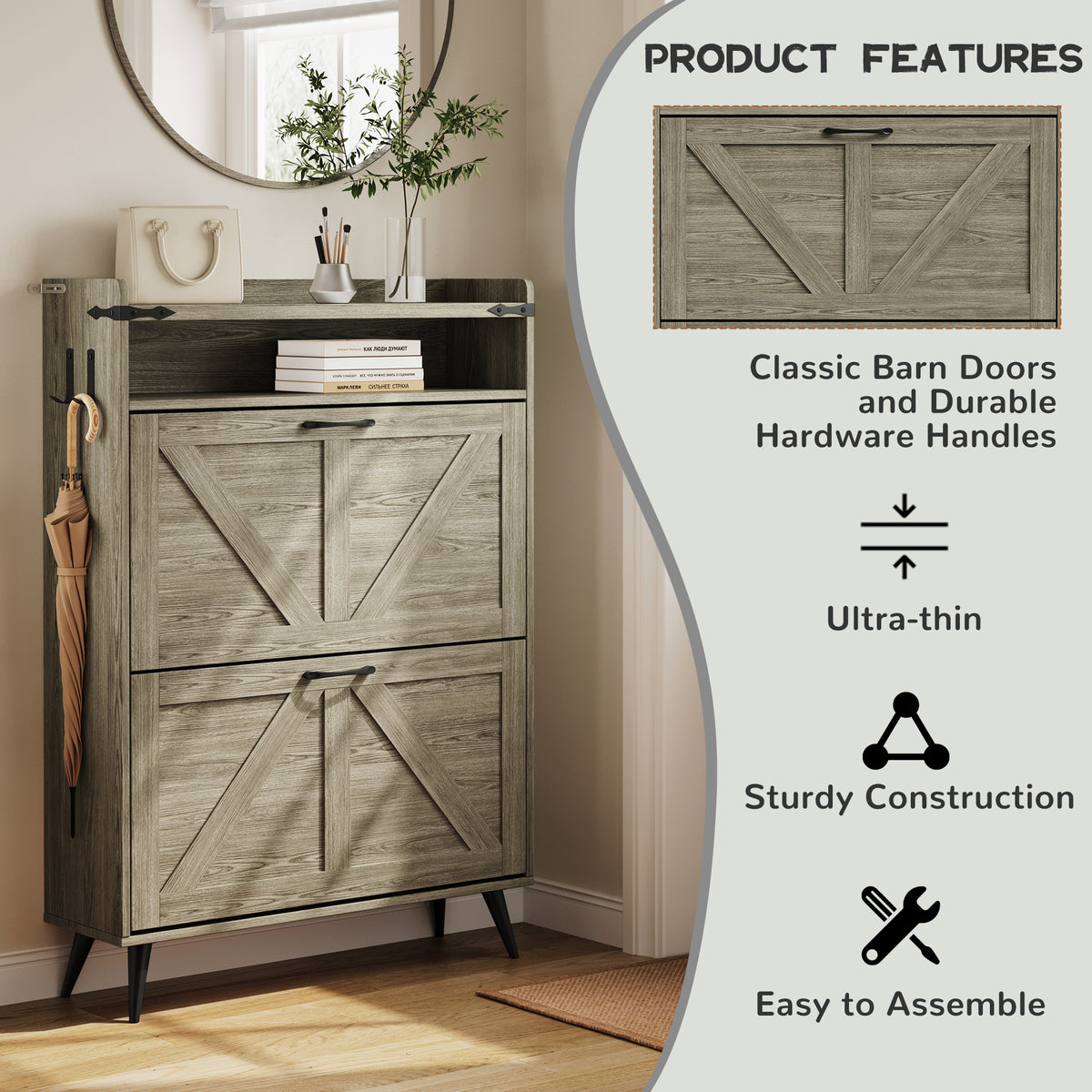 Farmhouse Shoe Rack, Freestanding Shoe Cabinet with 2 Flip Drawers for Entryway