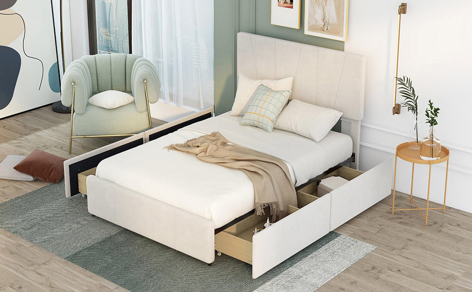 Full Size Upholstery Platform Bed with Four Drawers on Two Sides, Adjustable Headboard, Beige(Old SKU: WF291773AAA)