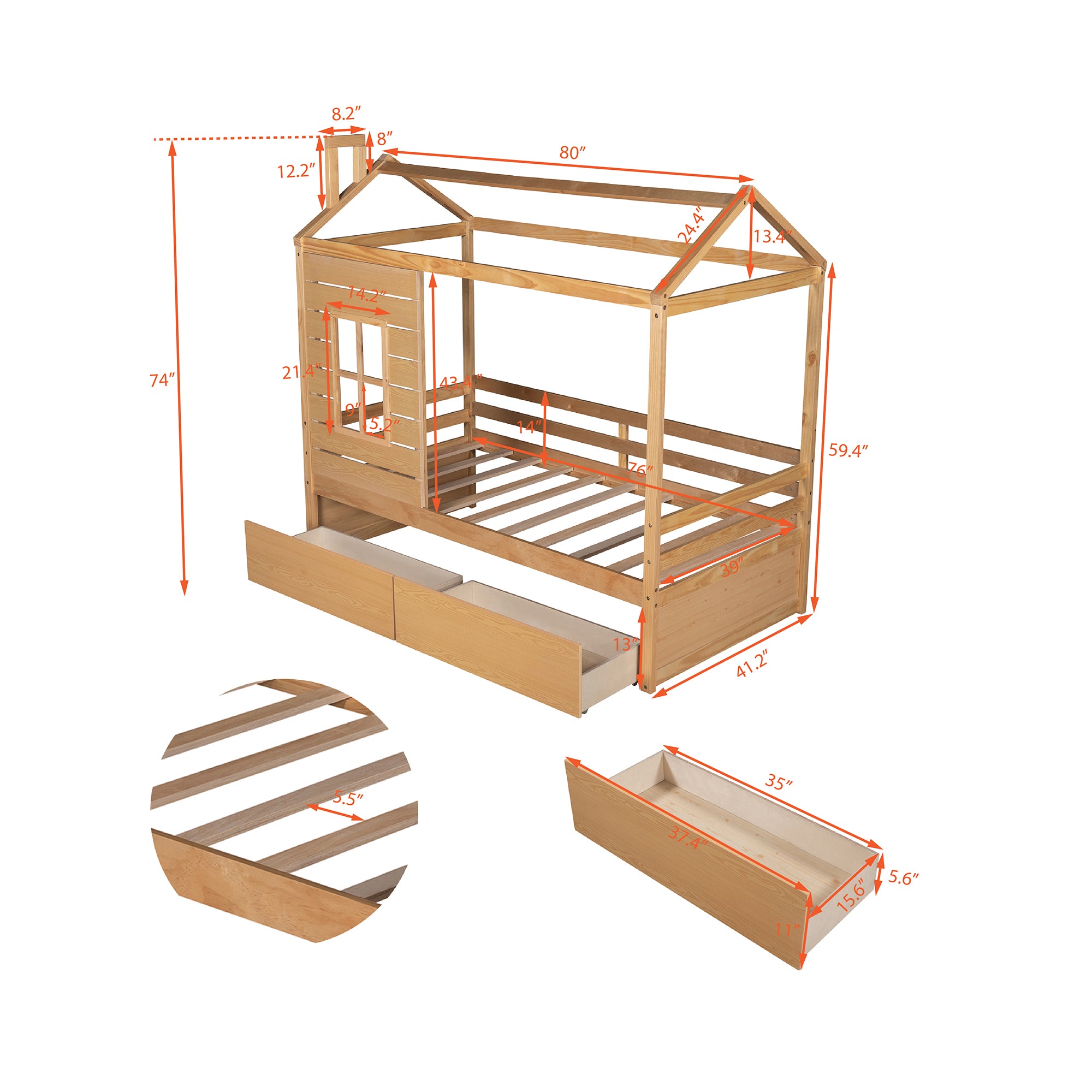 Twin Size House Bed Wood Bed with Two Drawers ( Natural )