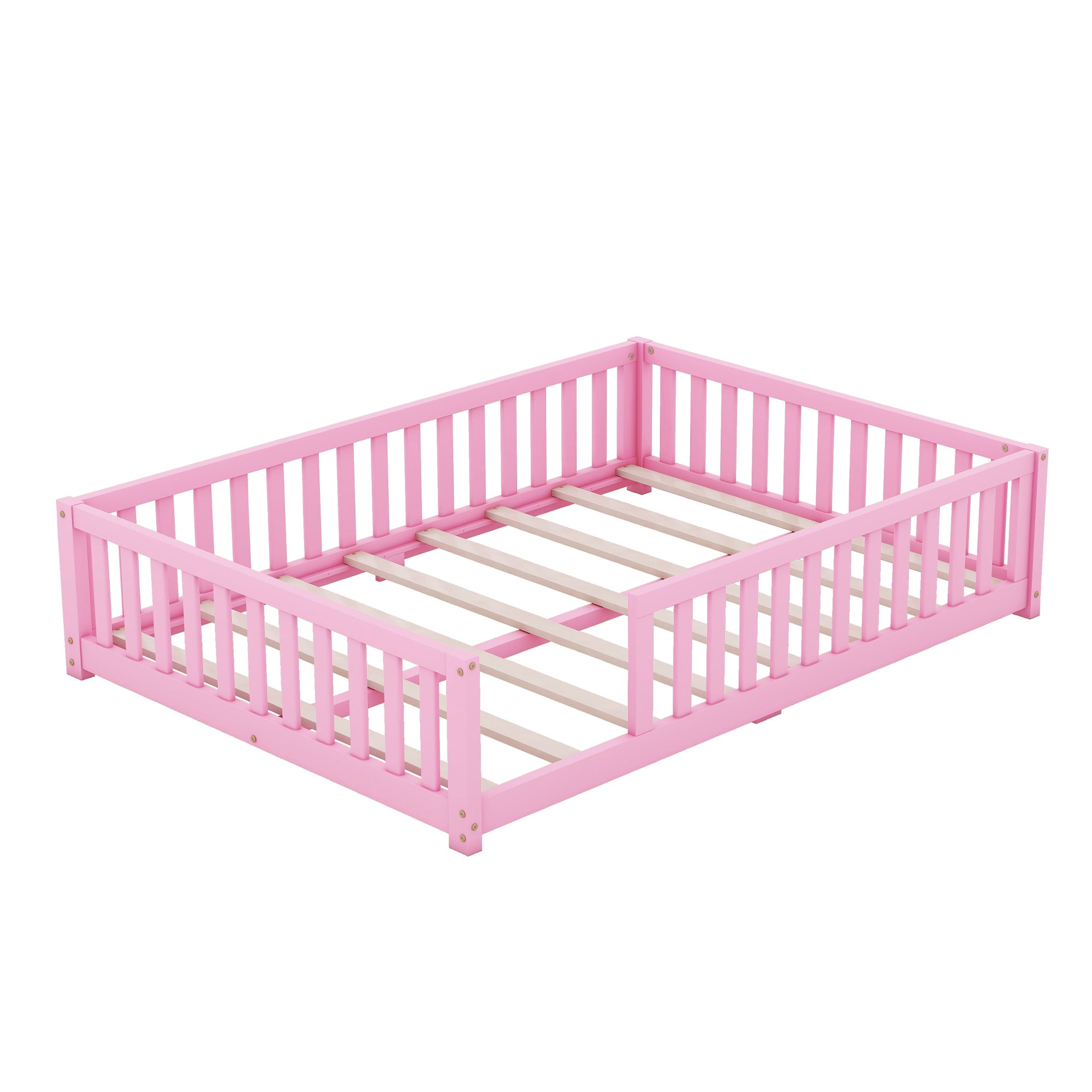 Full Size Bed Floor Bed with Safety Guardrails and Door for Kids, Pink (Expect Arrival Date Nov.2nd)