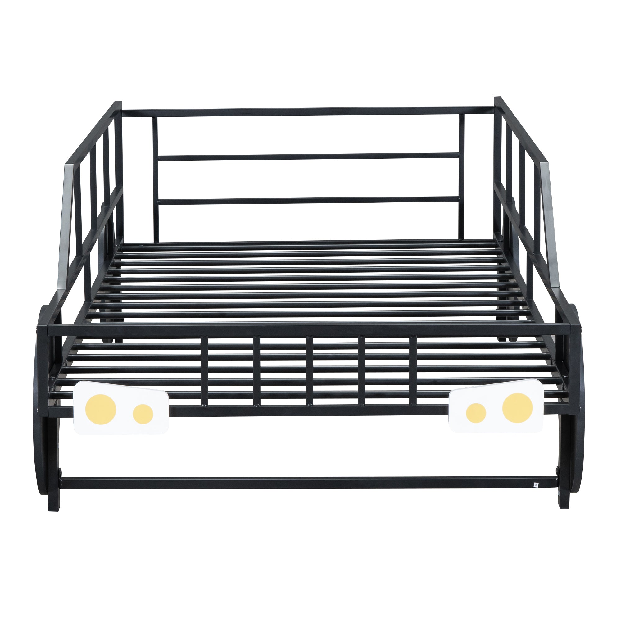 Metal Twin Size Car-shaped Platform Bed with Wheels and Headlights Decoration, Black