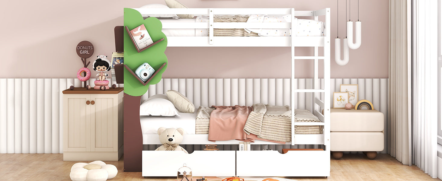 Twin-Over-Twin Bunk Bed with  a Tree Decor and Two Storage Drawers, White