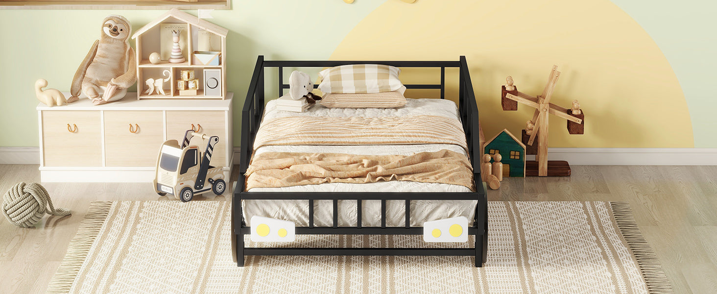 Metal Twin Size Car-shaped Platform Bed with Wheels and Headlights Decoration, Black