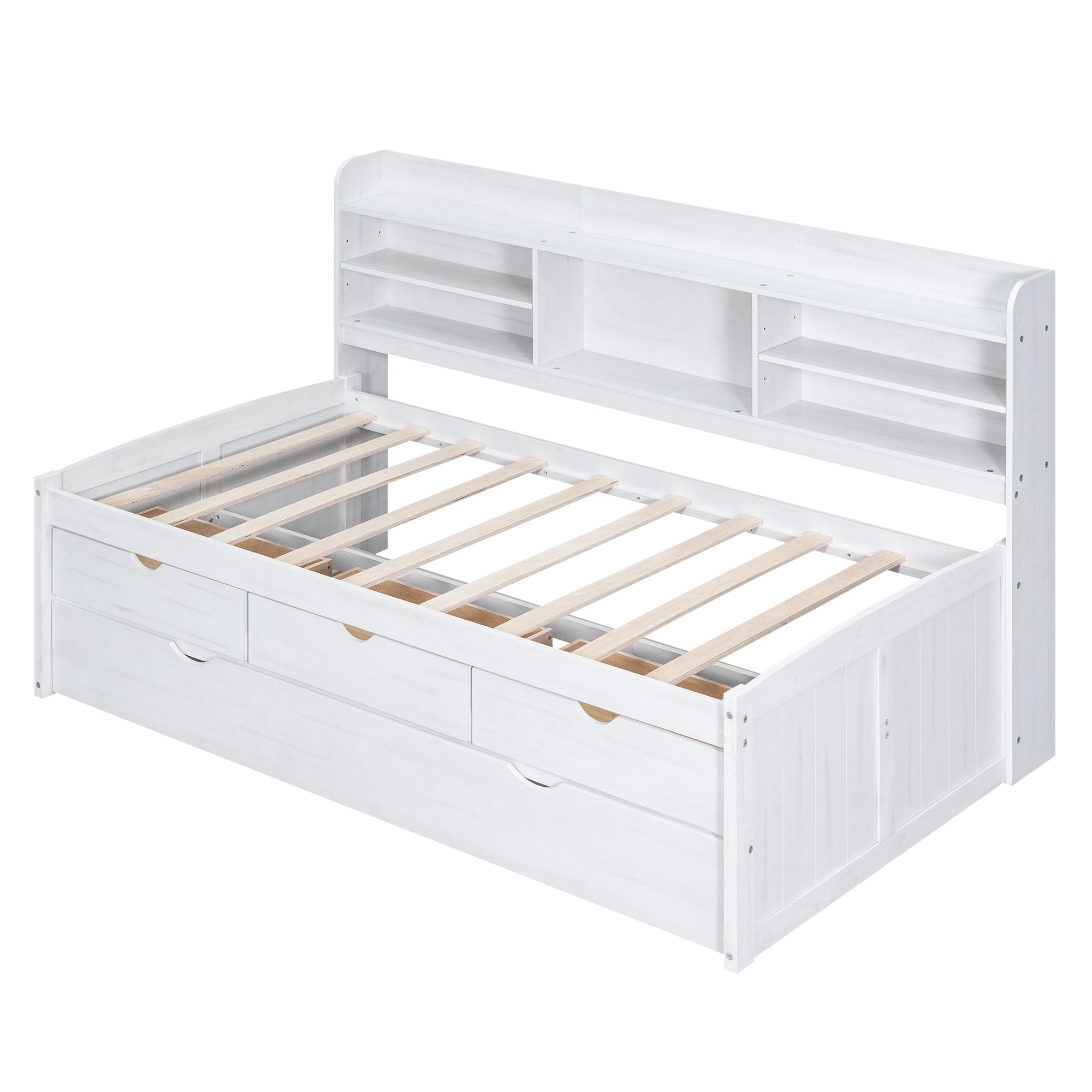 Twin Size Wooden Captain Bed with Built-in Bookshelves,Three Storage Drawers and Trundle, White Wash(Expected Arrivial Time: 11.17)