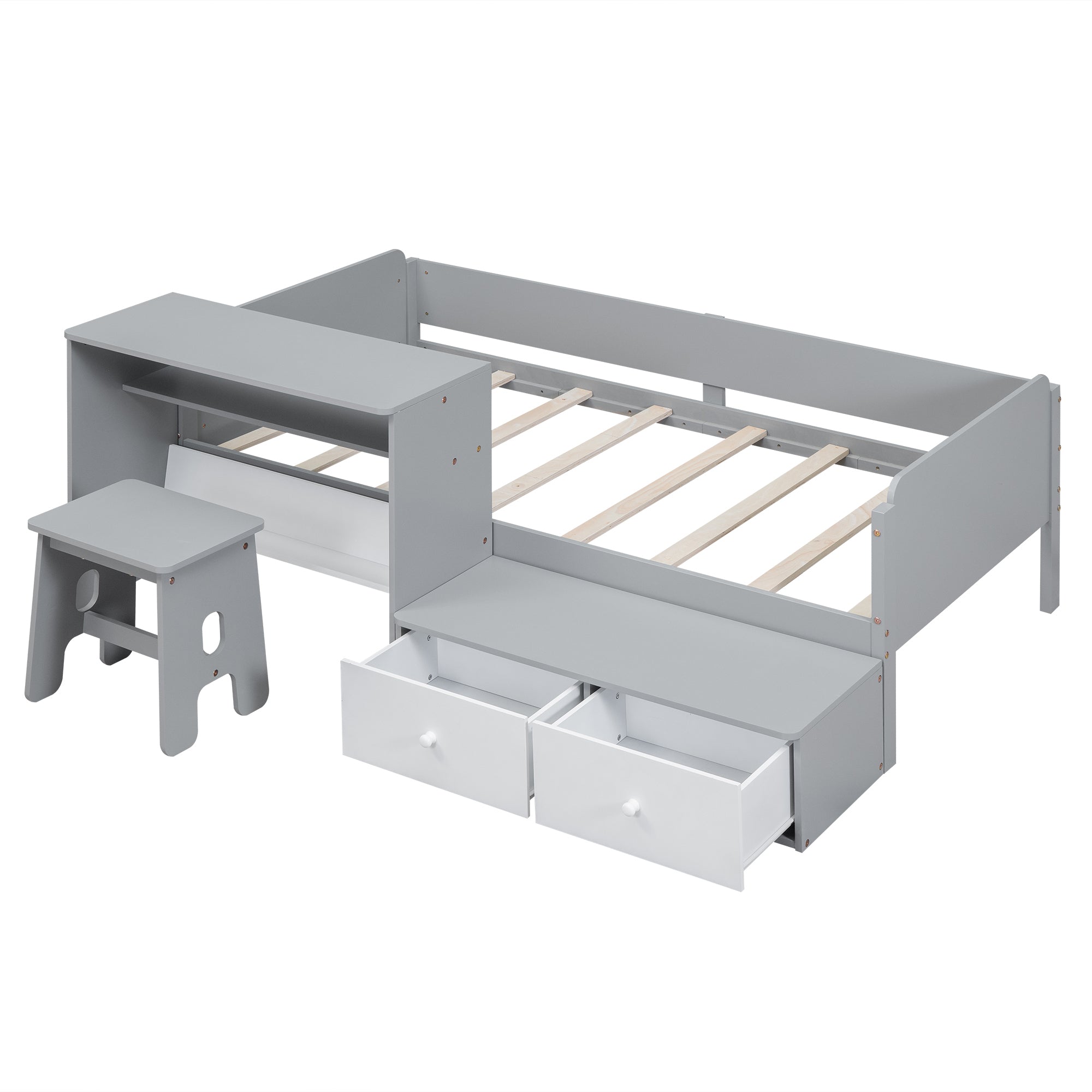 Wood Twin Size Platform Bed with 2 Drawers and 1 Chair&Desk Set, Gray+White(Expected Arrival Time: 11.22)