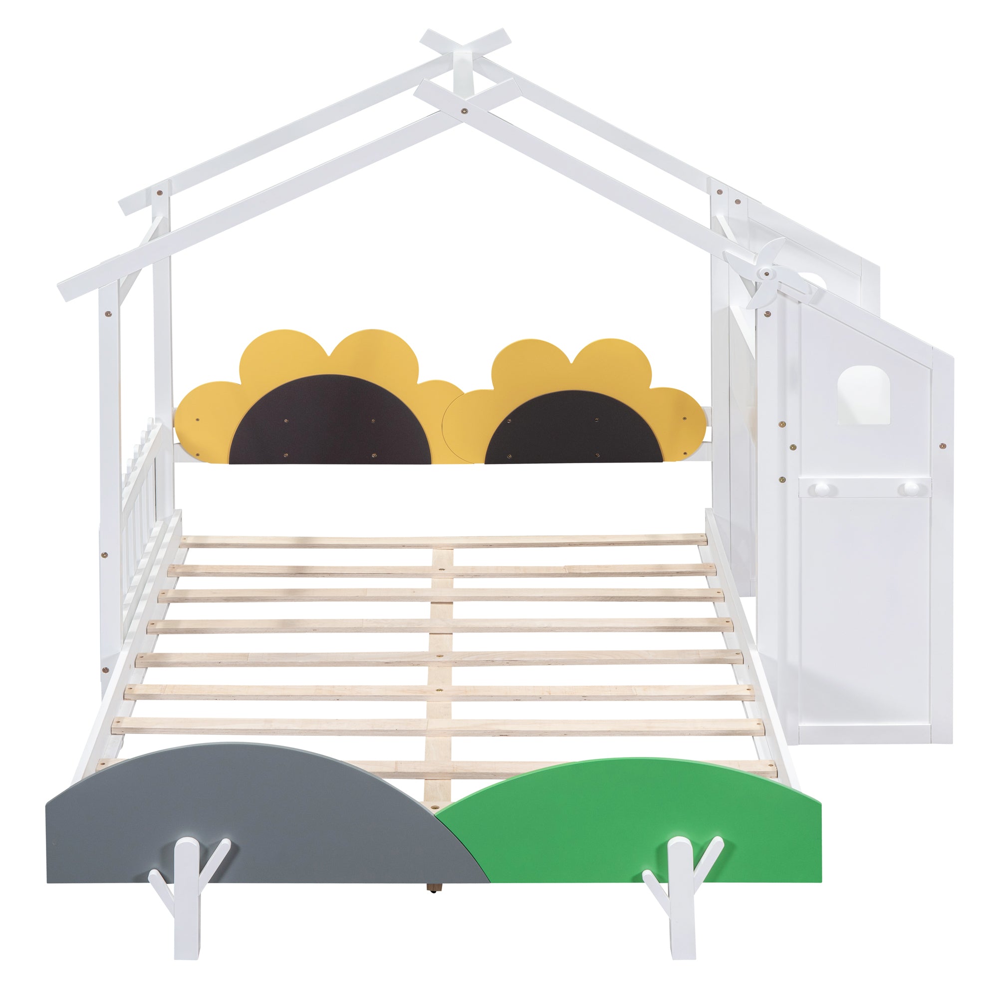 Full Size Platform Bed with Windmill and Flower Decor, House Bed with Desk and two hooks, White