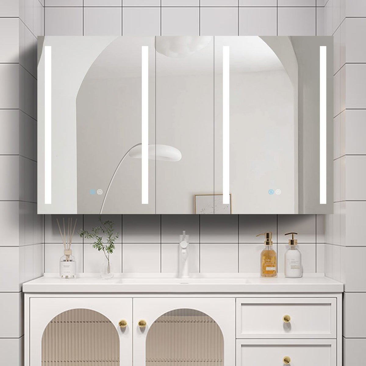 50x30 Inch LED Bathroom Medicine Cabinet Surface Mount Double Door Lighted Medicine Cabinet, Medicine Cabinets for Bathroom with Mirror Defogging, Dimmer White