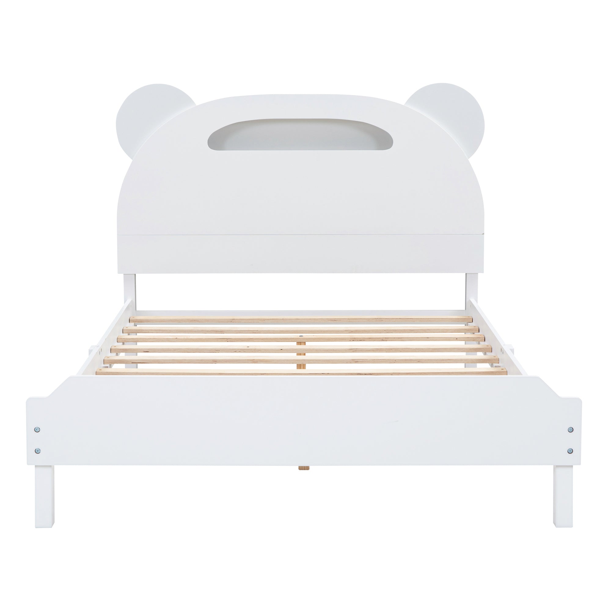 Full Size Wood Platform Bed with Bear-shaped Headboard,Bed with Motion Activated Night Lights,White