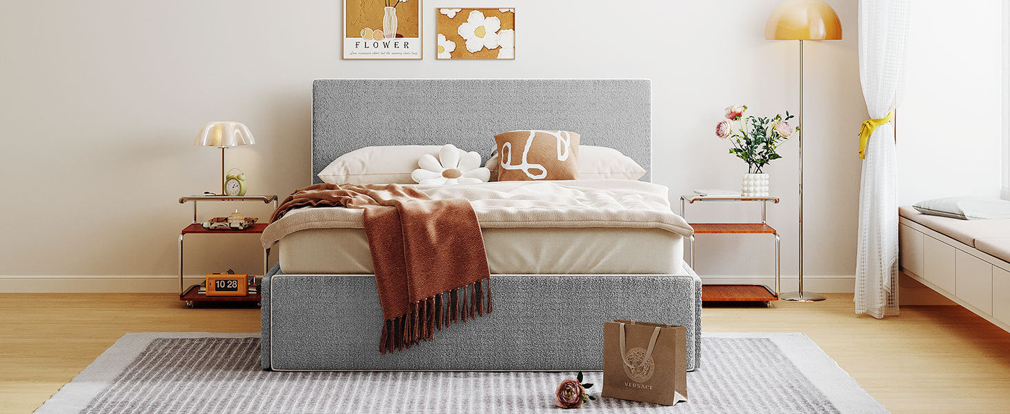 Full Size Upholstered Platform Bed with 4 Drawers and White Edge on the Headboard & Footboard, Gray