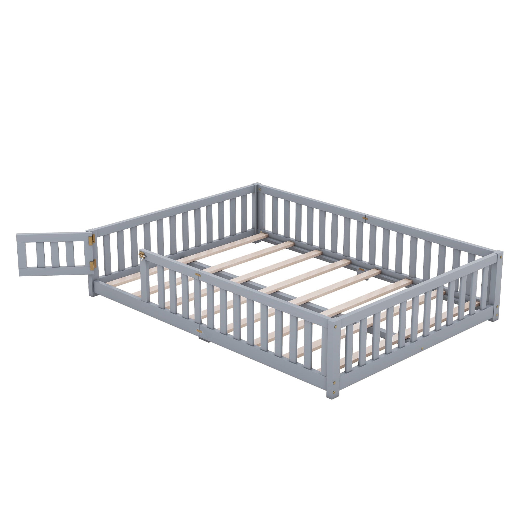 Queen Size Bed Floor Bed with Safety Guardrails and Door for Kids, Gray (Expect Arrival Date Nov.2nd)