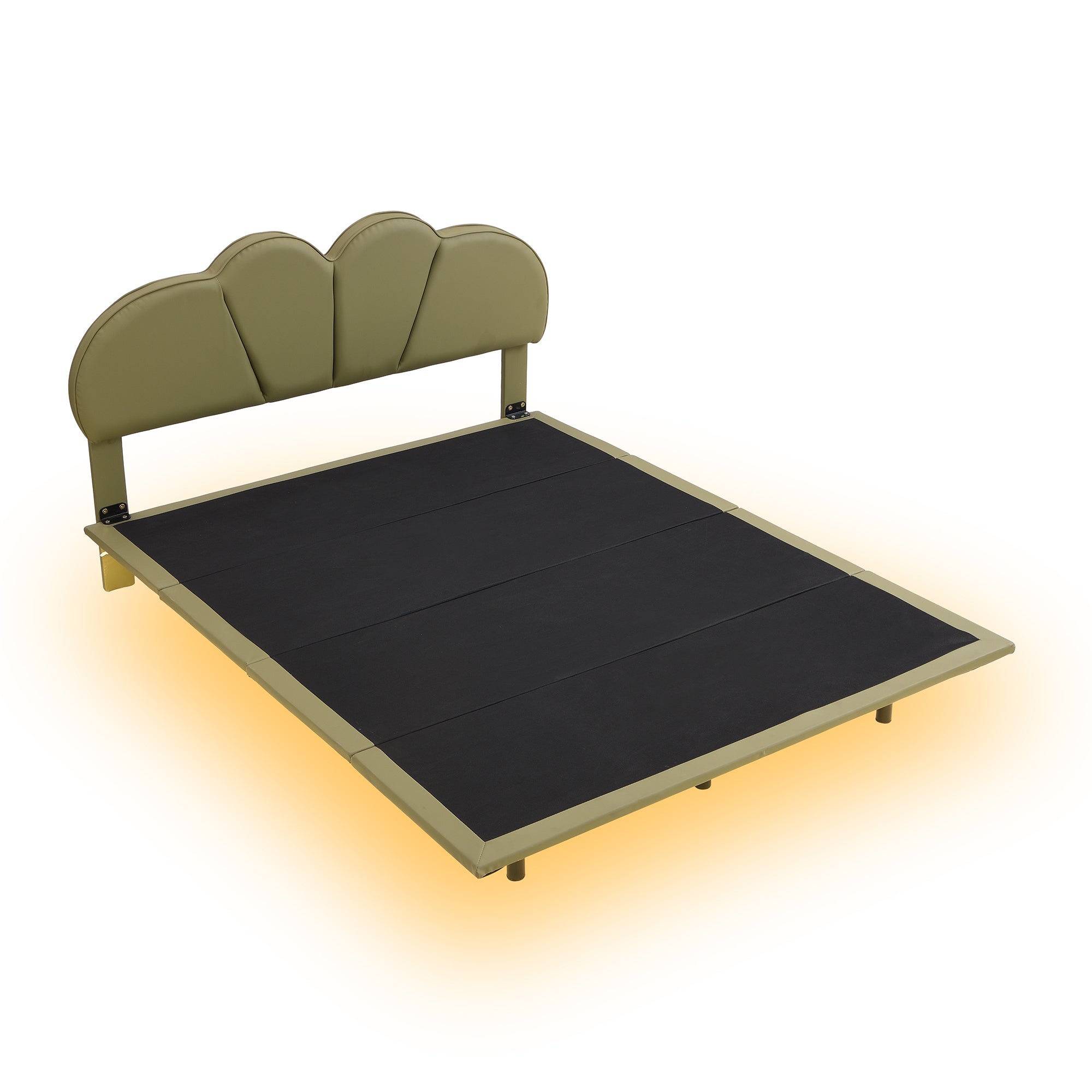 Queen Size Upholstery Platform Bed with PU Leather Headboard and Support Legs,Underbed LED Light,Green