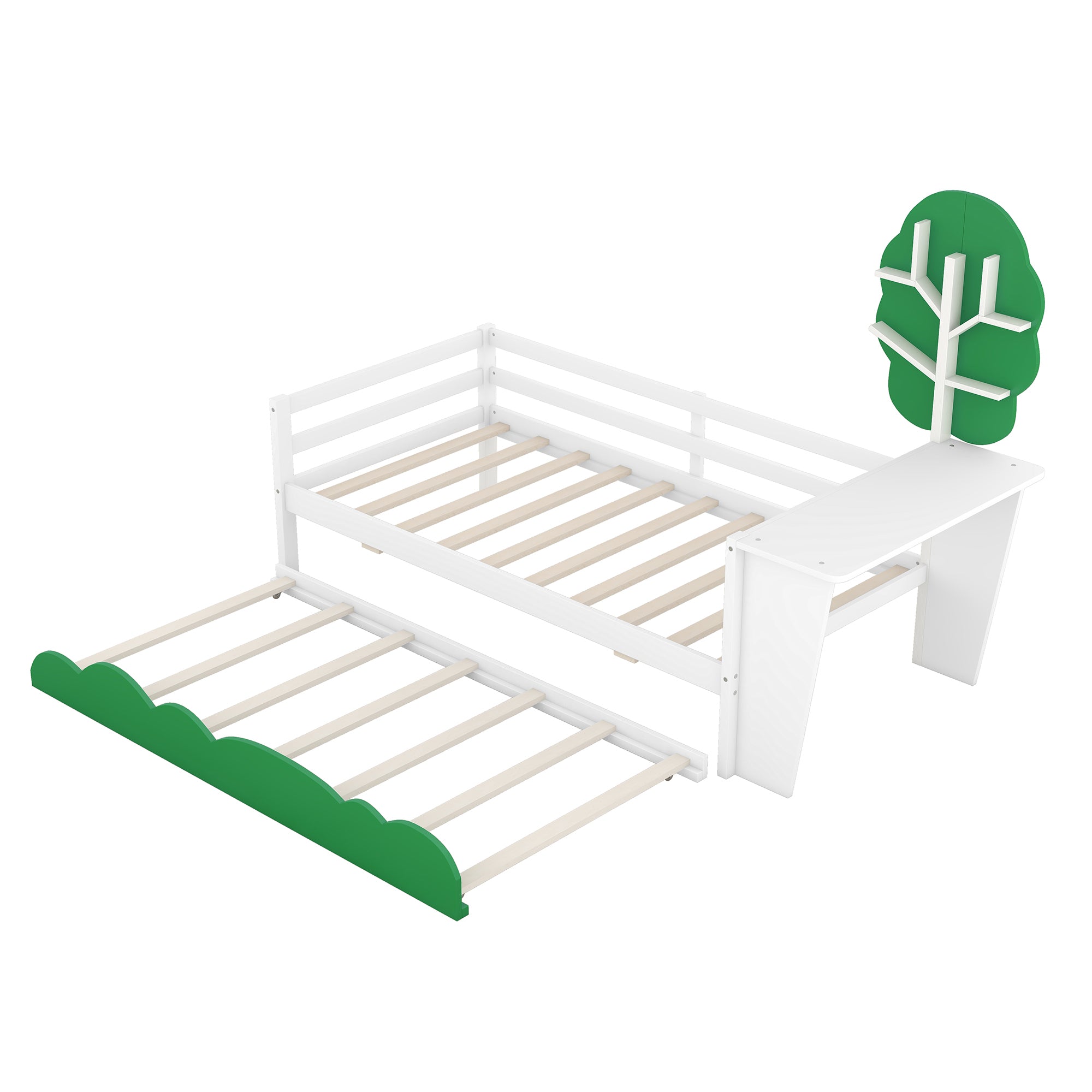 Twin Size Daybed with Desk, Green Tree Shape Shelves and Trundle, White