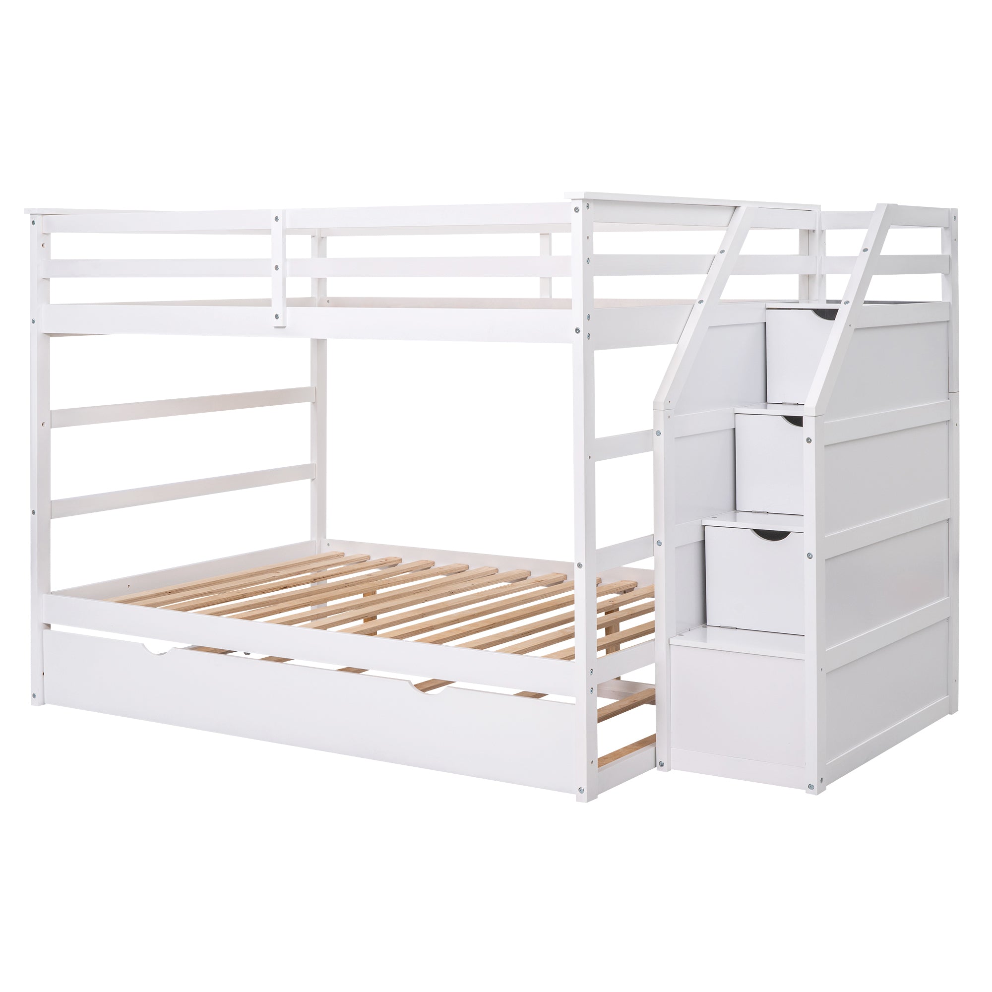 Full-over-Full Bunk Bed with Twin Size Trundle and 3 Storage Stairs,White
