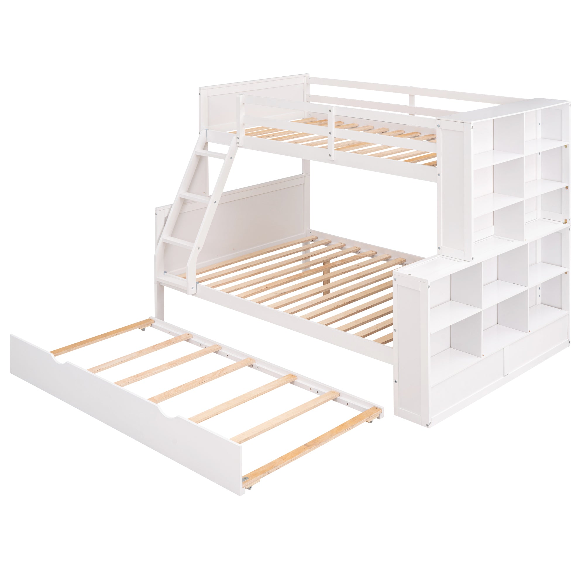 Twin over Full Bunk Bed with Trundle and Shelves, can be Separated into Three Separate Platform Beds, White