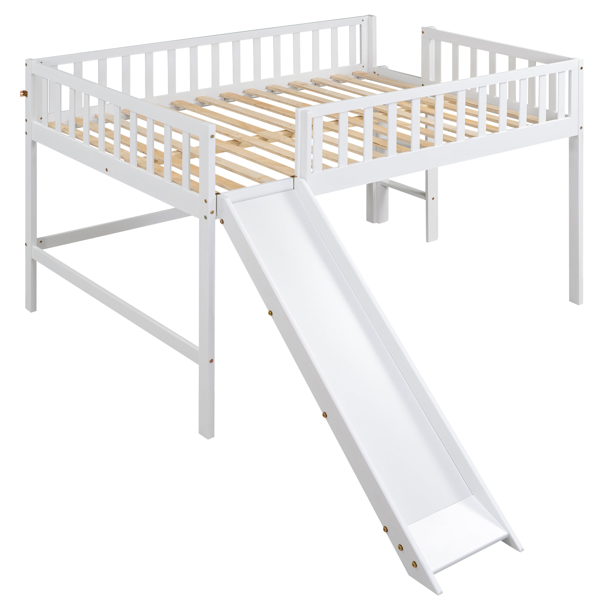 Full Size Low Loft Bed with Ladder and Slide,White