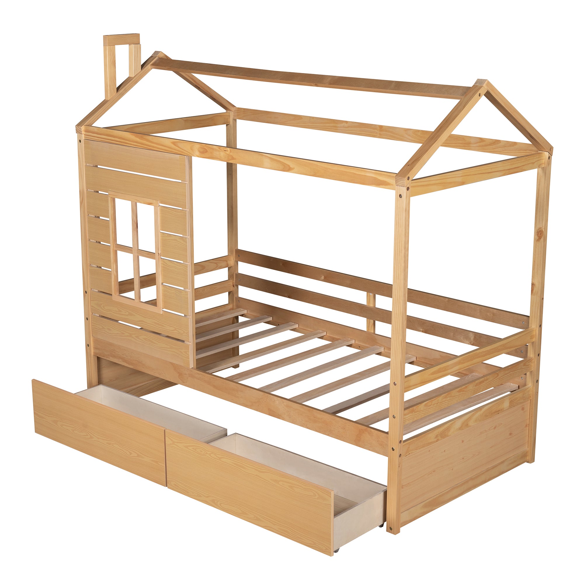 Twin Size House Bed Wood Bed with Two Drawers ( Natural )