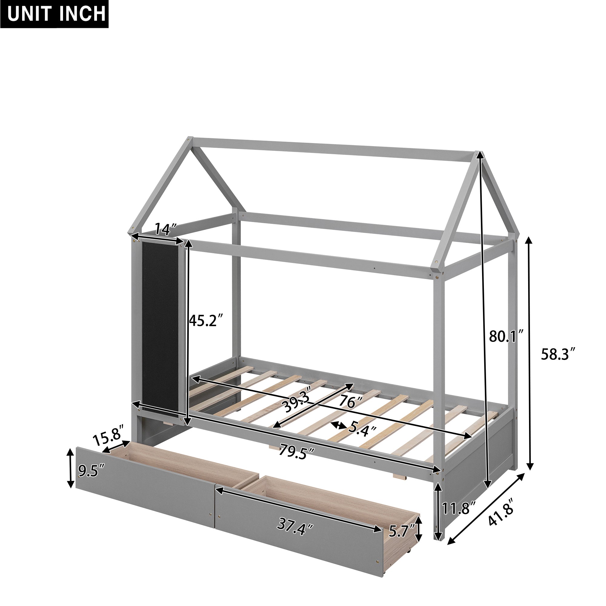 Twin Size House Bed with Drawers and Blackboard, Gray