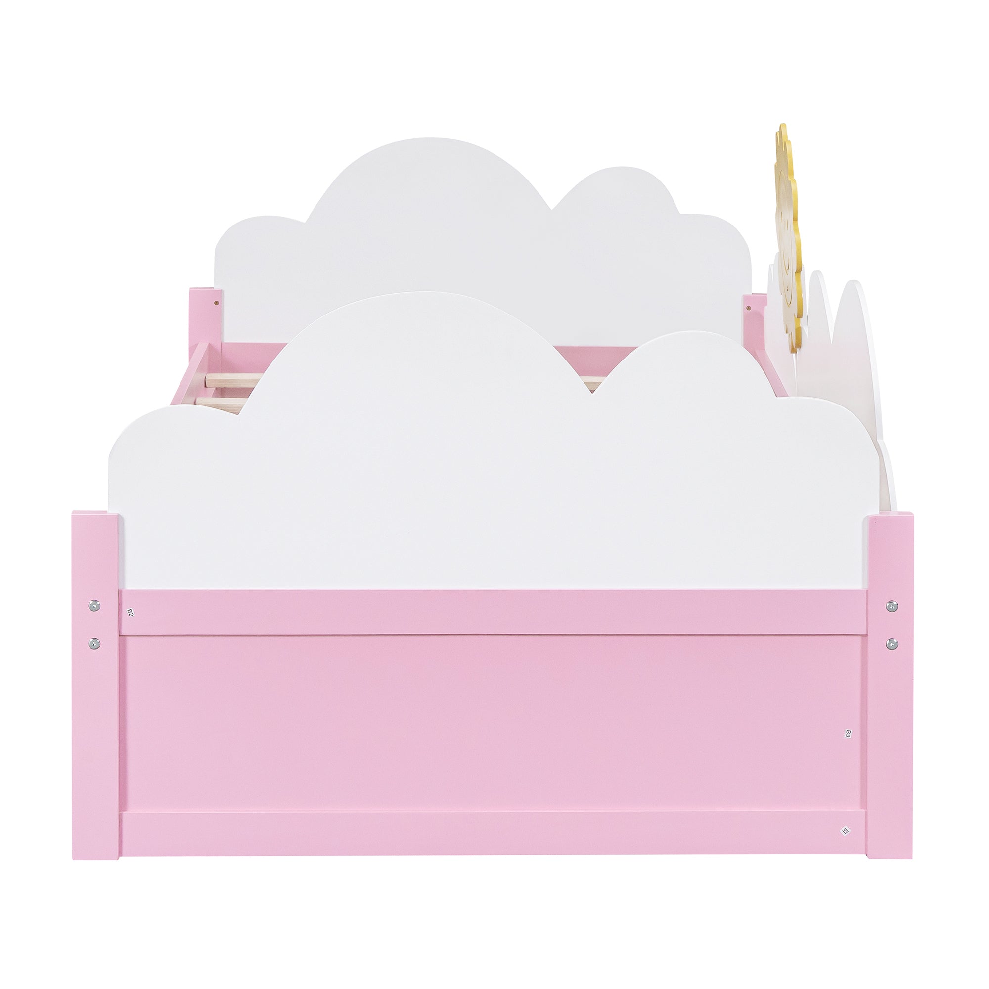 Twin Size Bed with Clouds and Sun Decor, Platform Bed with 2 Drawers (White+Pink)