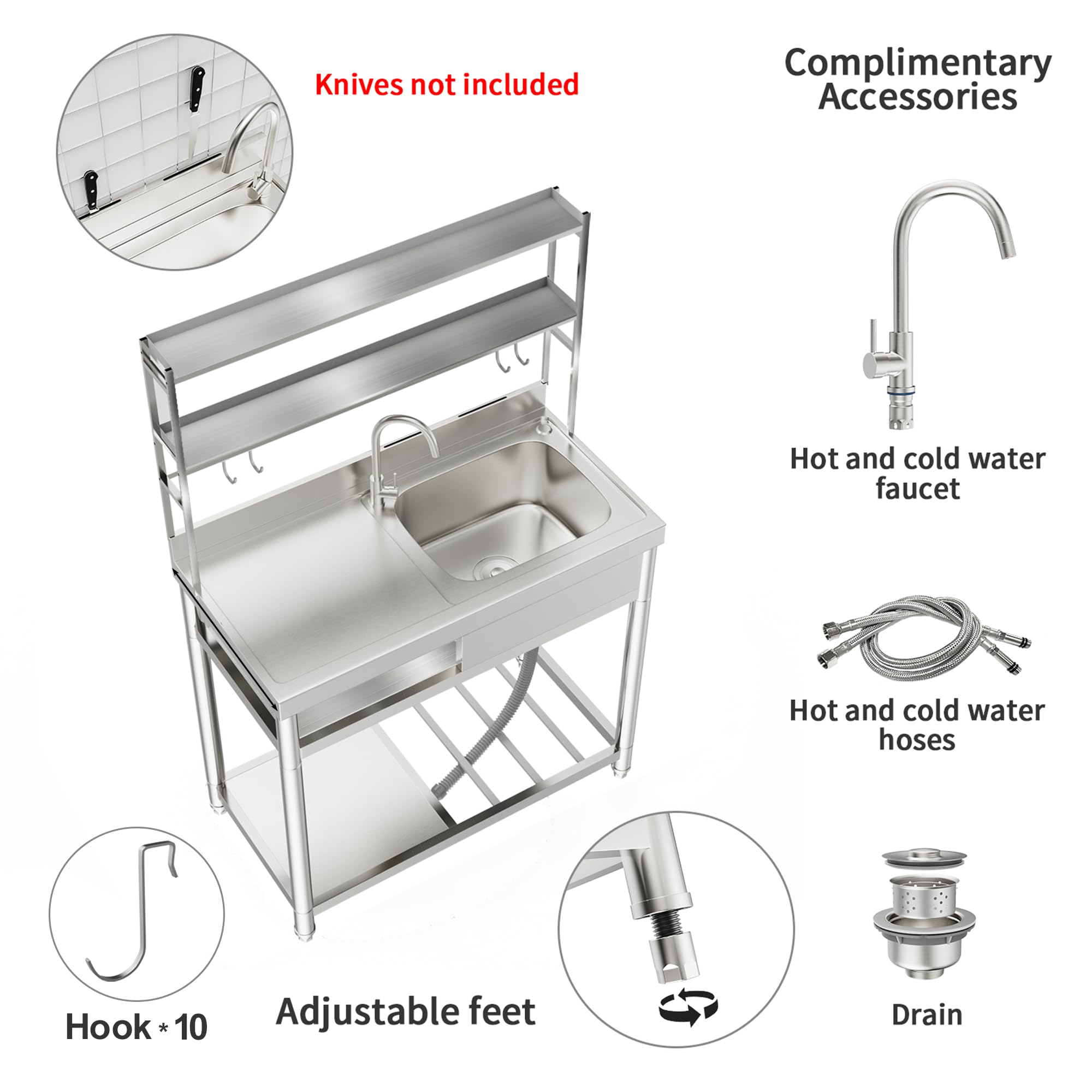 39.4 in. D x 19.7 in. W x 63 in. H Freestanding Laundry/Utility Sink Silver Kitchen Sink with Right Bowl