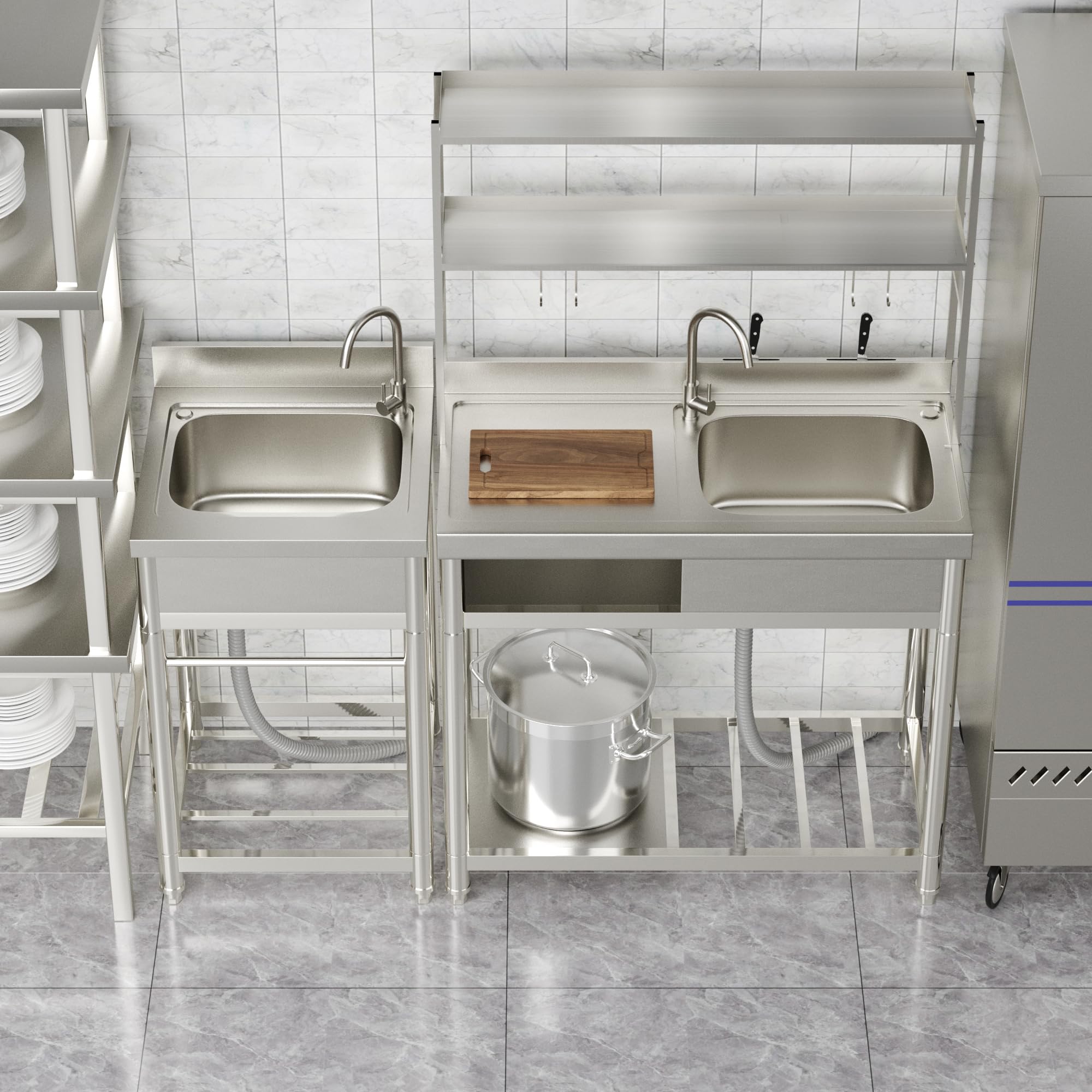 39.4 in. D x 19.7 in. W x 63 in. H Freestanding Laundry/Utility Sink Silver Kitchen Sink with Right Bowl