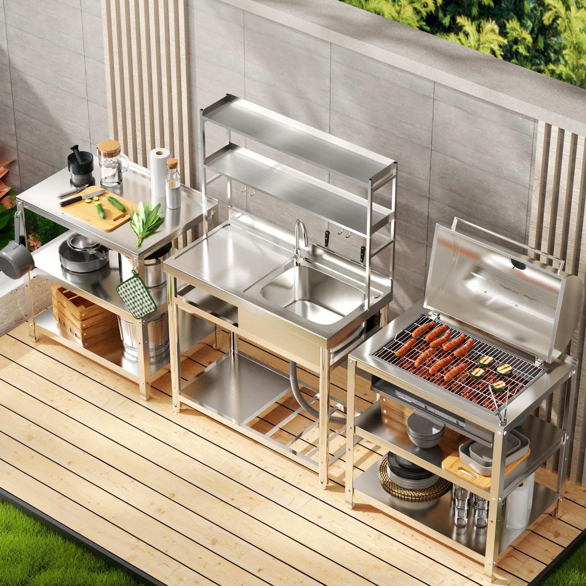 39.4 in. D x 19.7 in. W x 63 in. H Freestanding Laundry/Utility Sink Silver Kitchen Sink with Right Bowl