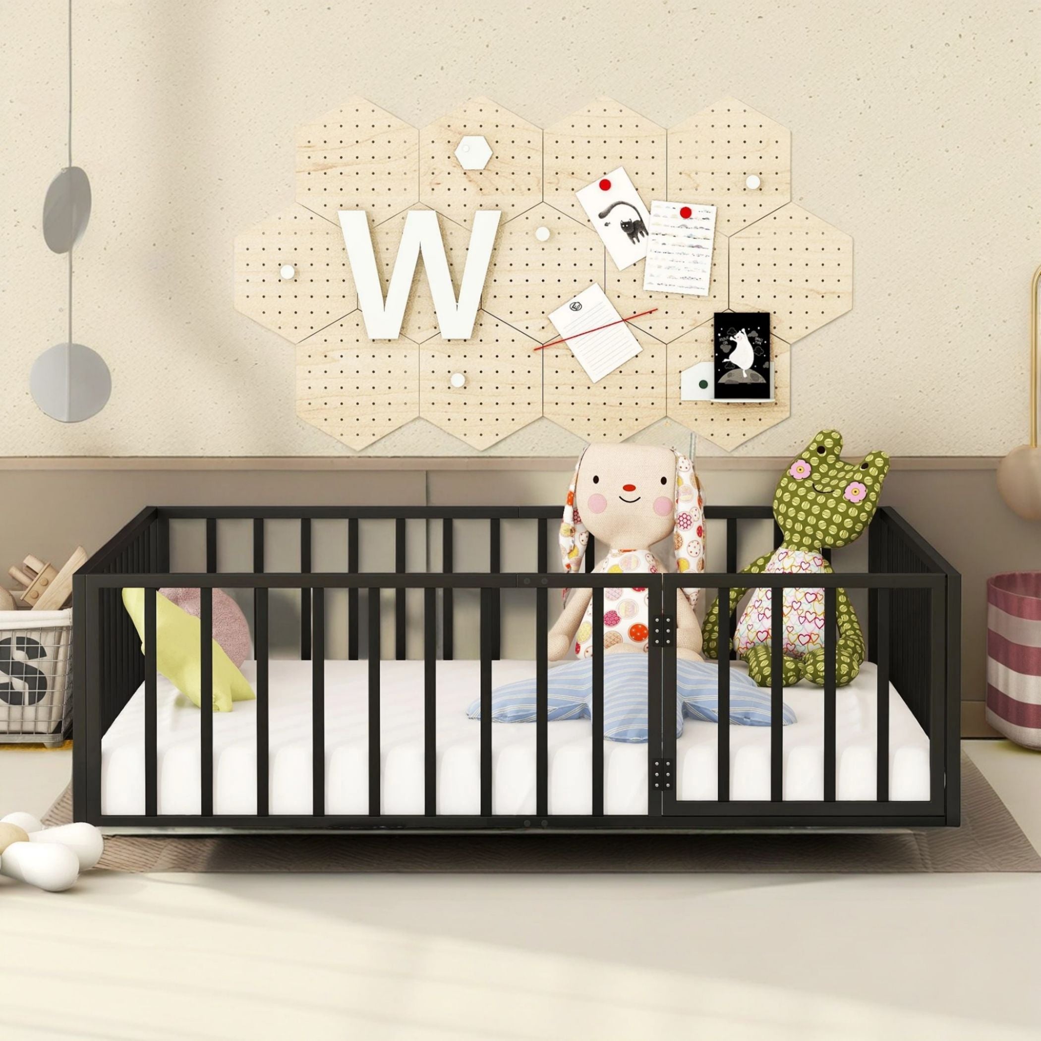 Metal Floor Fence Bed, Montessori Bedframe, with Safety Guardrail and Door