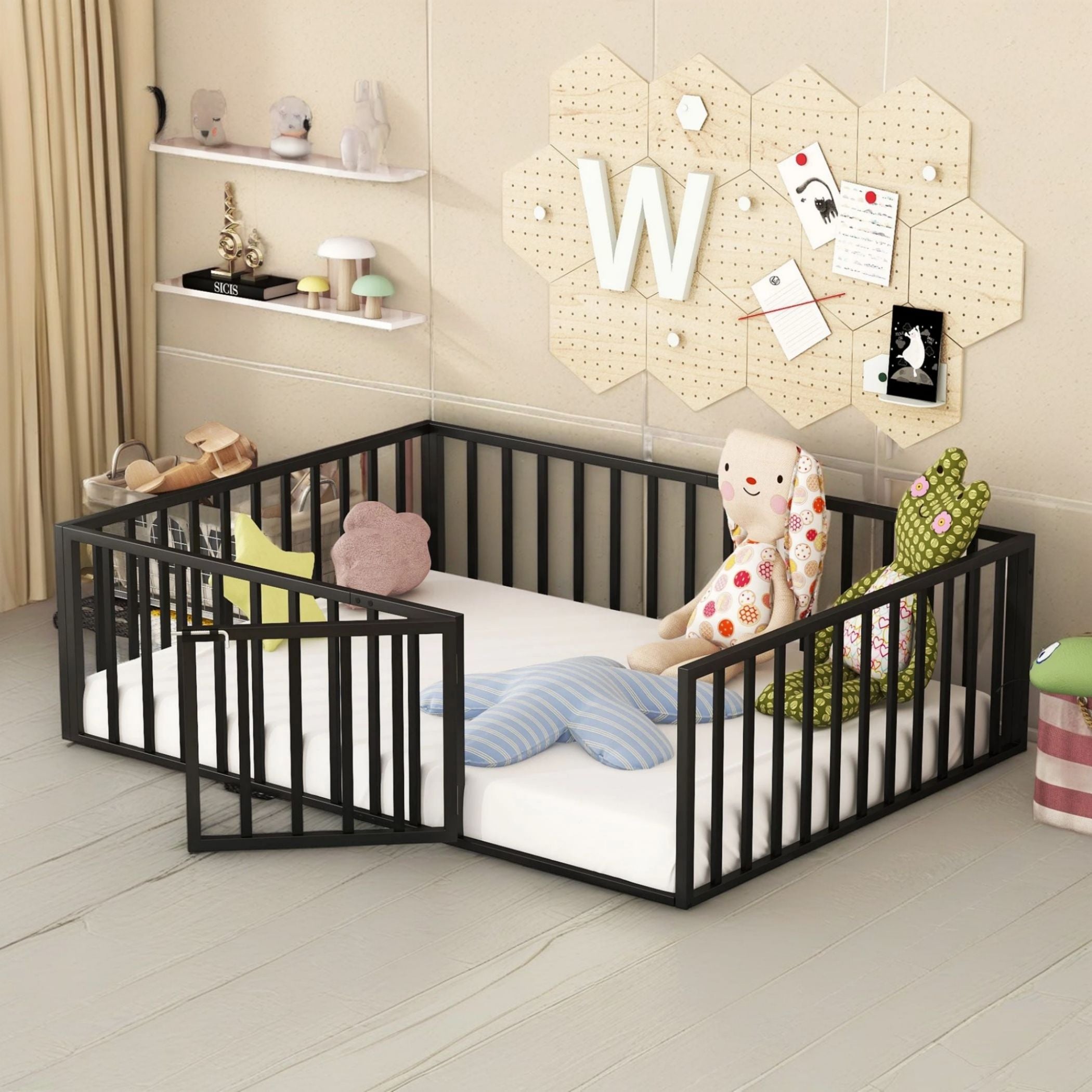 Metal Floor Fence Bed, Montessori Bedframe, with Safety Guardrail and Door