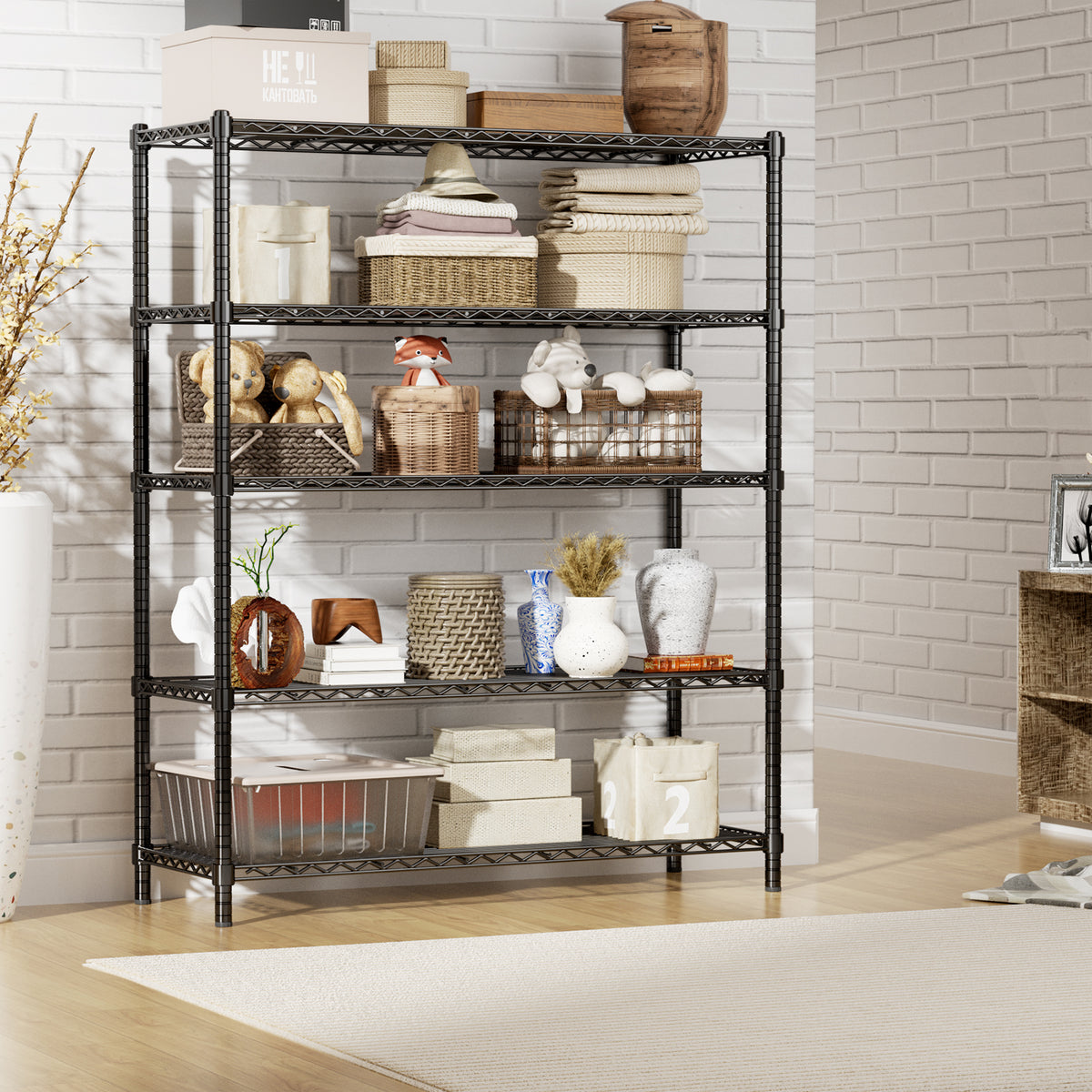 5-Tier Height-Adjustable Garage Wire Shelving Unit for Kitchen, Laundry Room, Pantry, Warehouse, Basement