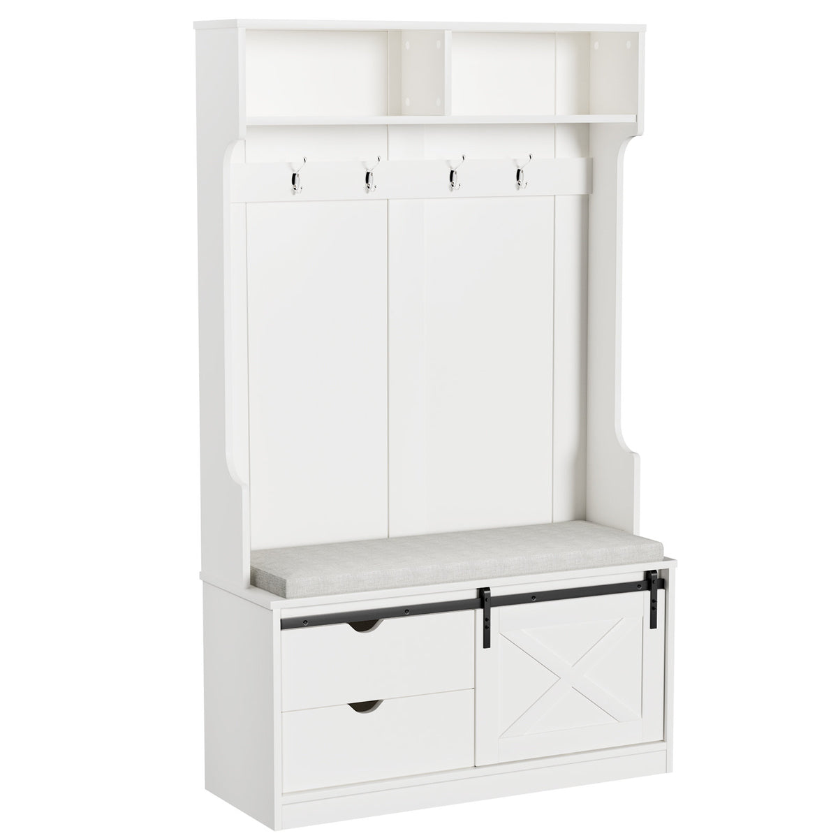 Branda Entryway Hall Tree with Bench and Shoe Storage, Coat Rack with Bench Shoe Storage with Slide Organizer Cabinet Drawer Barn Door and Adjustable Shelf