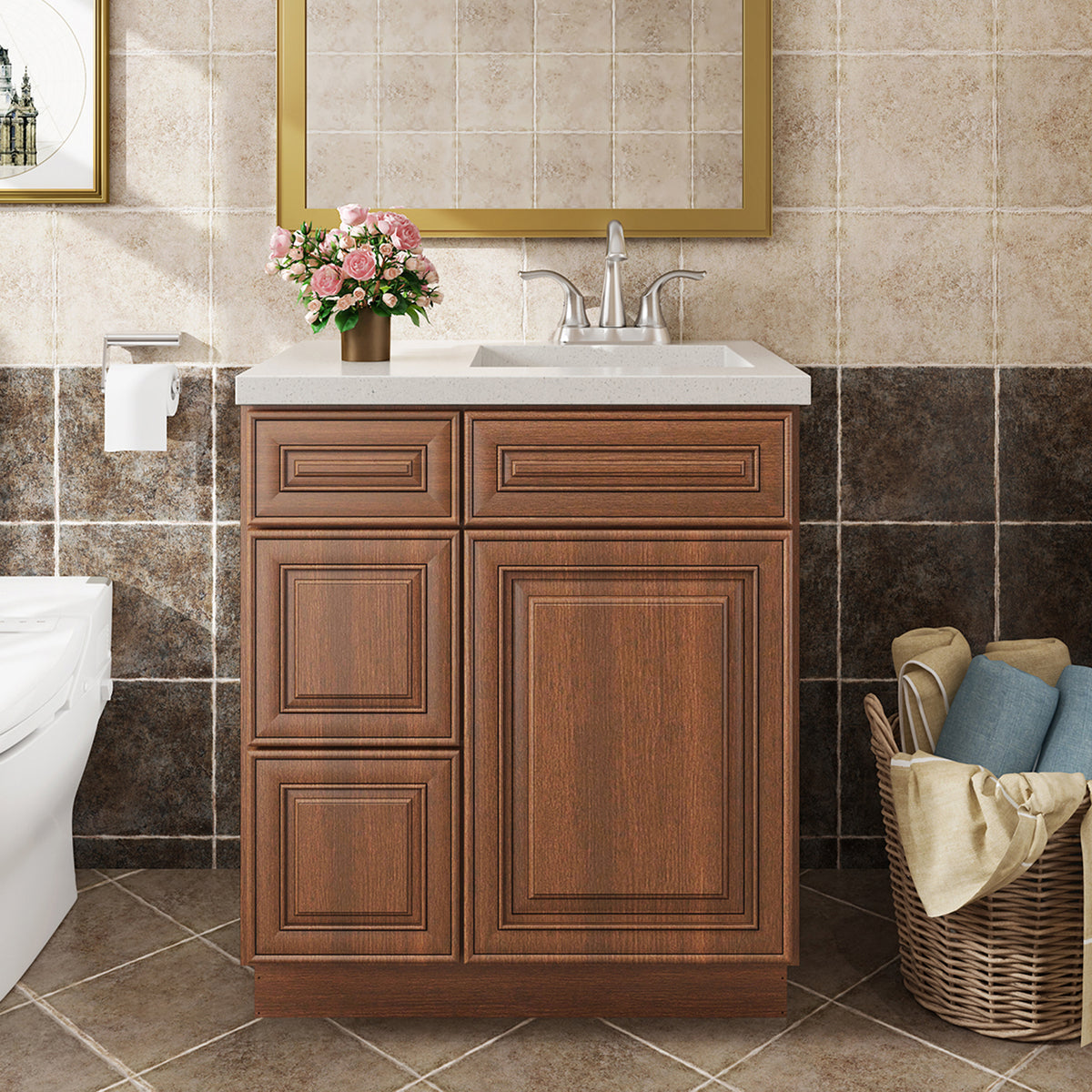 V Series One Left Door Three Drawer Bathroom Vanity Base Cabinet, Kitchen Cabinet
